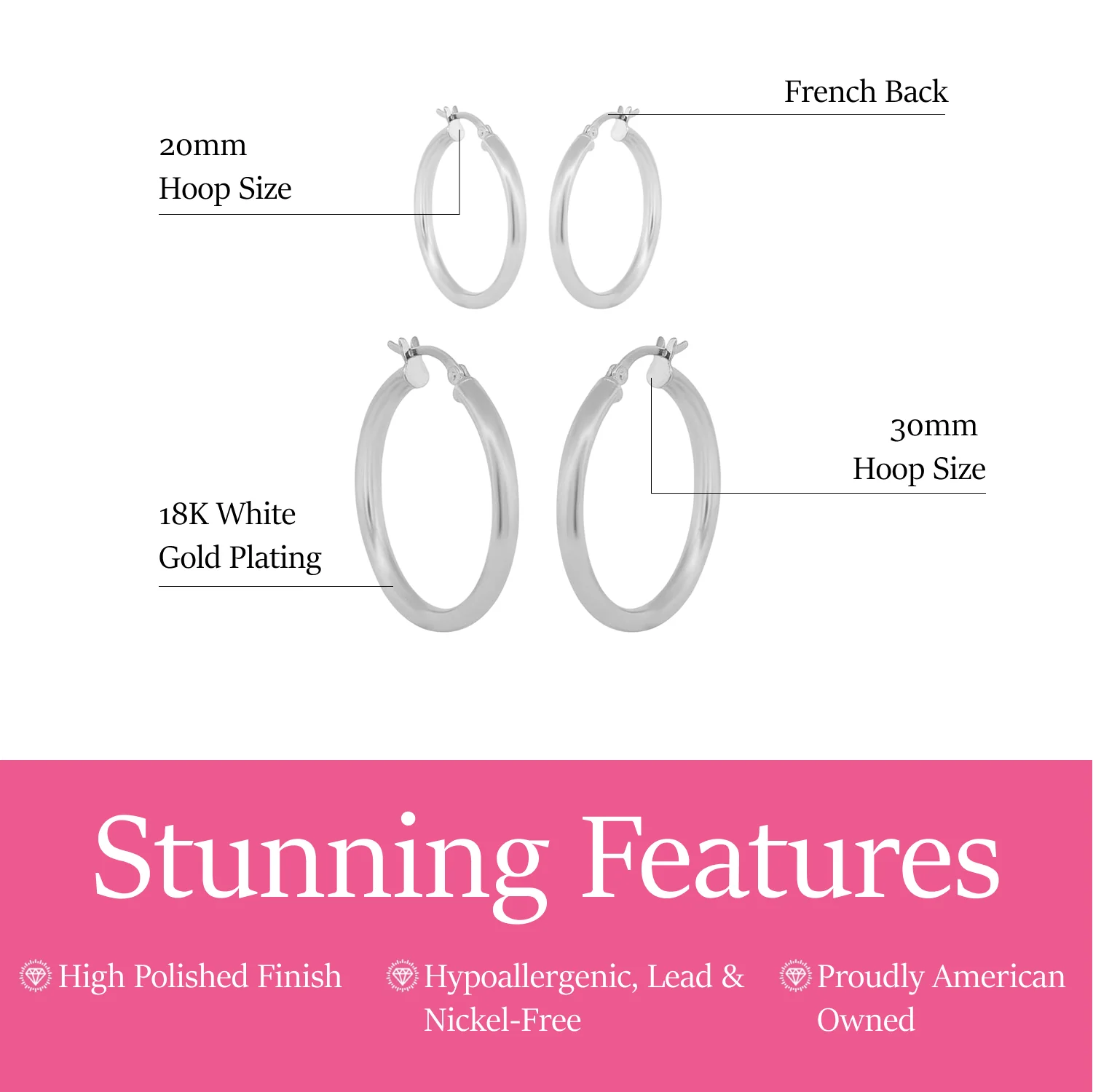 Amy 18k White Gold Plated 20/30mm Hoop Earrings (2 Pair Set) - Image 3