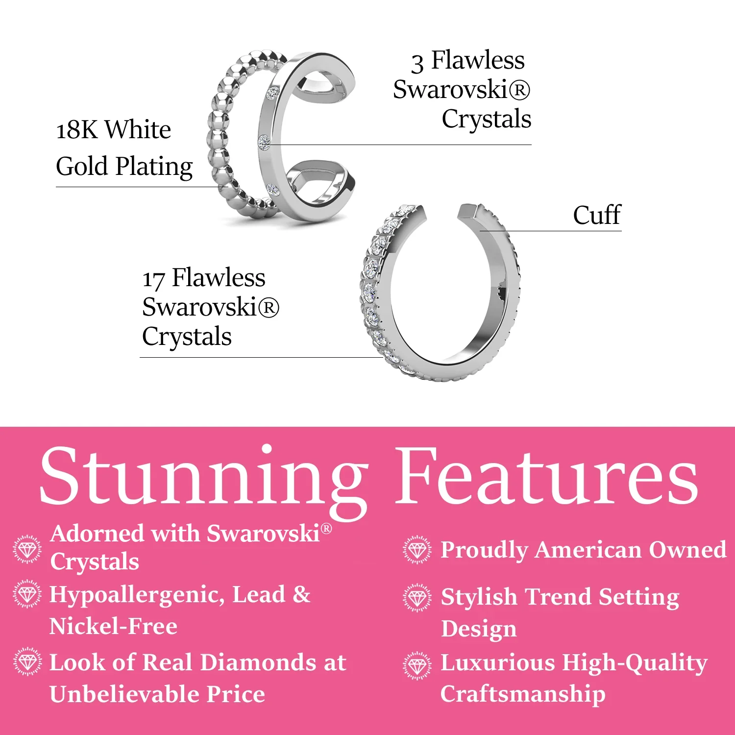 Sasha and Gloria 18k White Gold Plated 10mm Hoop Ear Cuffs with Swarovski Crystals (Set of 2) - Image 3