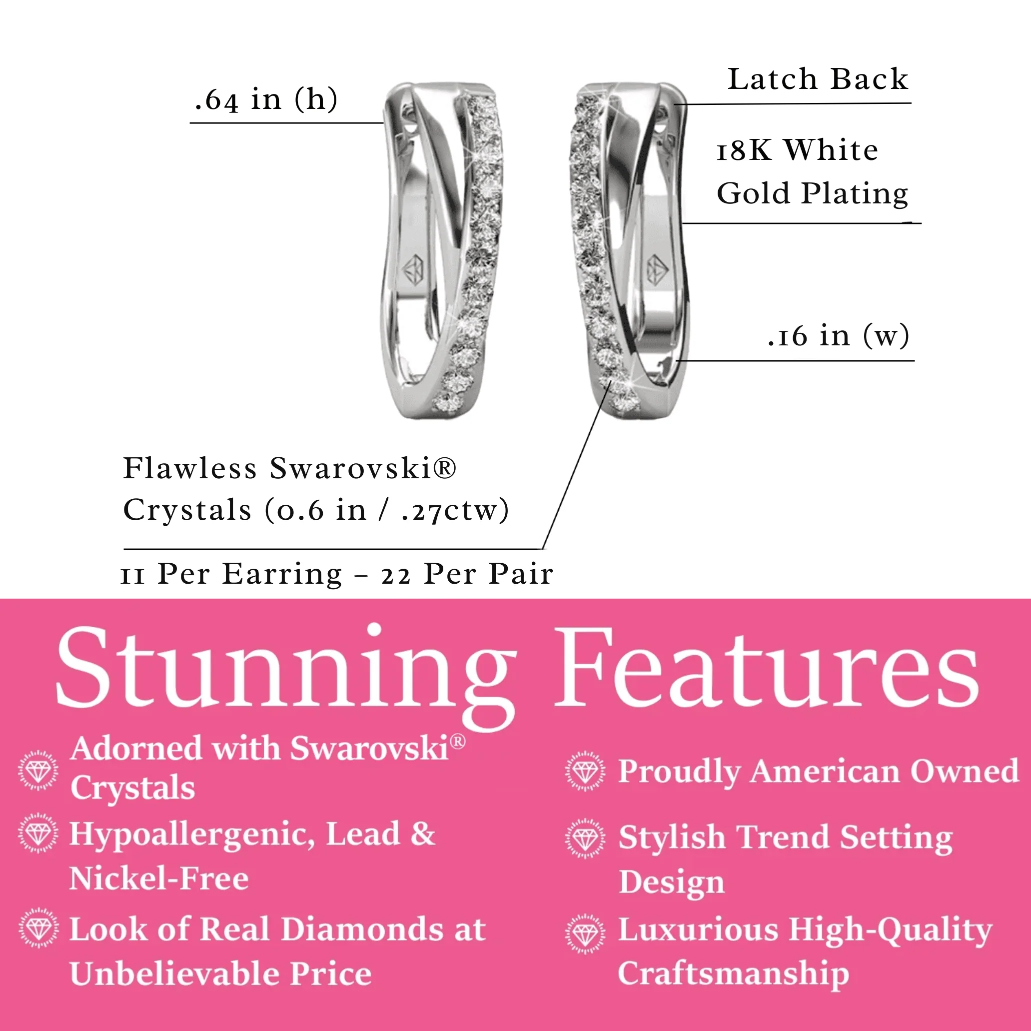 Amaya 18k Gold Plated 16mm Hoop Earrings with Swarovski Crystals (3 Pair Set) - Image 3