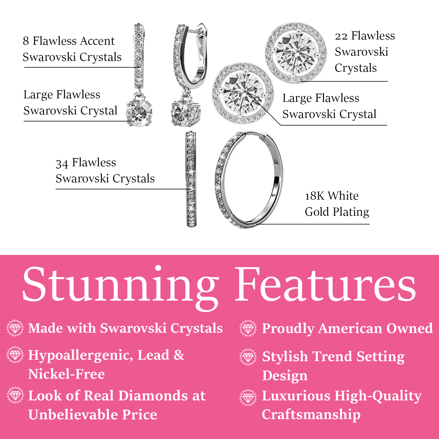 Bianca, McKenzie, Ariel 18k White Gold Plated Earrings with Simulated Diamond Crystals (3 Pair Set) - Image 3