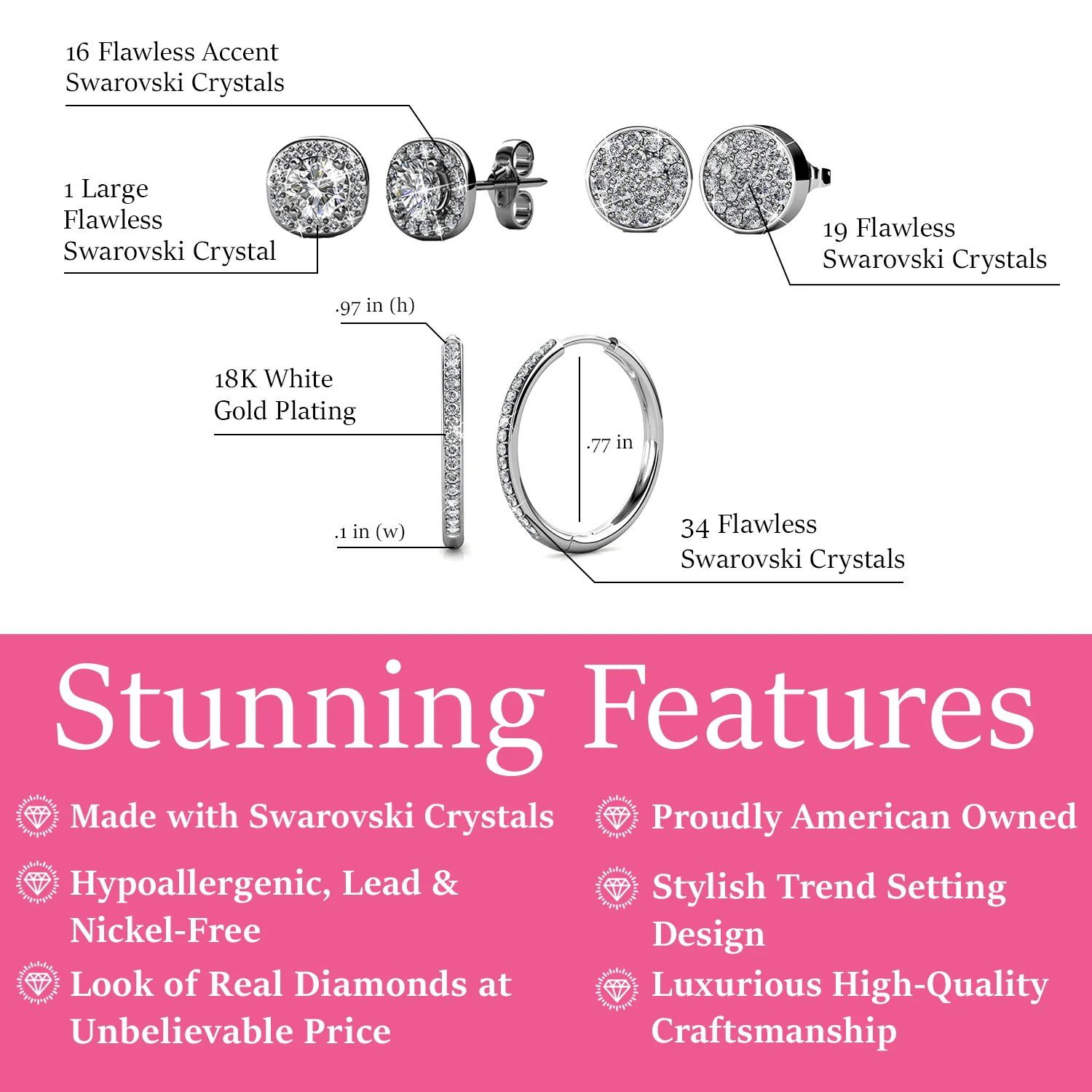 Bianca, Ruth, Nelly 18k White Gold Plated Earrings with Swarovski Crystals (3 Pair Set) - Image 3