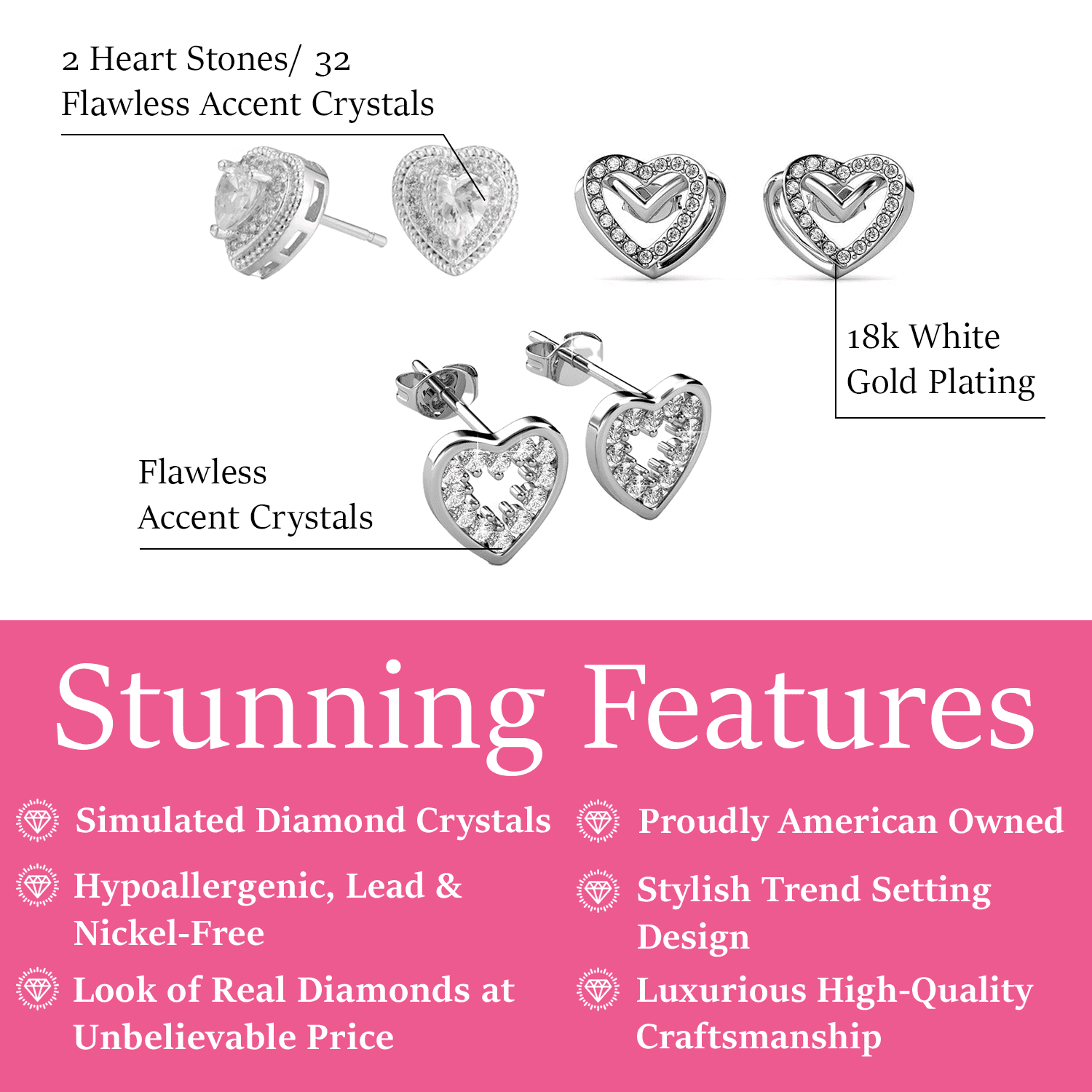 Coraline, Ainsley, Cathy 18k White Gold Plated Stud Earrings for Women (3 Pair Set) - Image 3