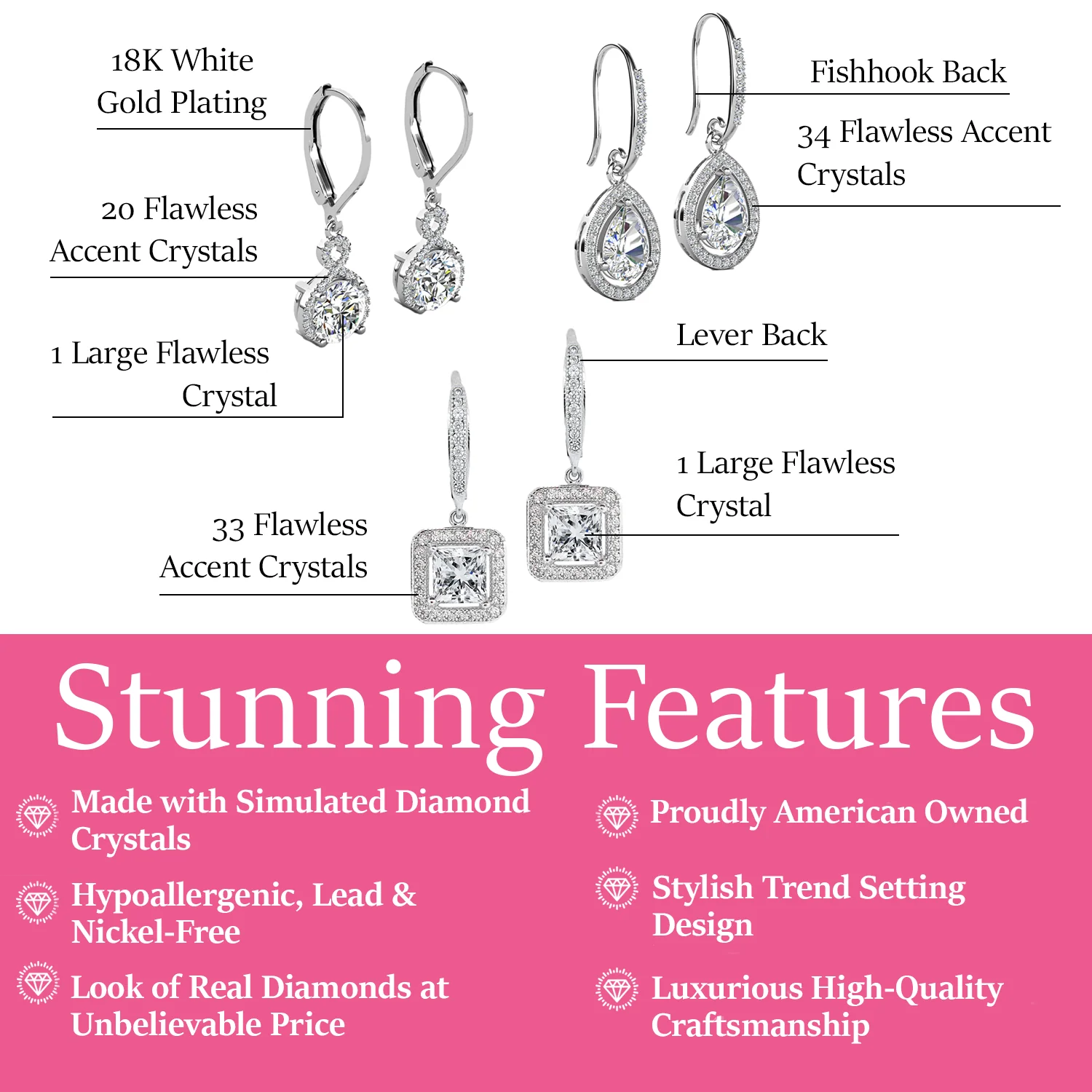 Ivy, Alessandra, Isabel Drop Dangle White Gold Plated Earrings for Women (3 Pair Set) - Image 3