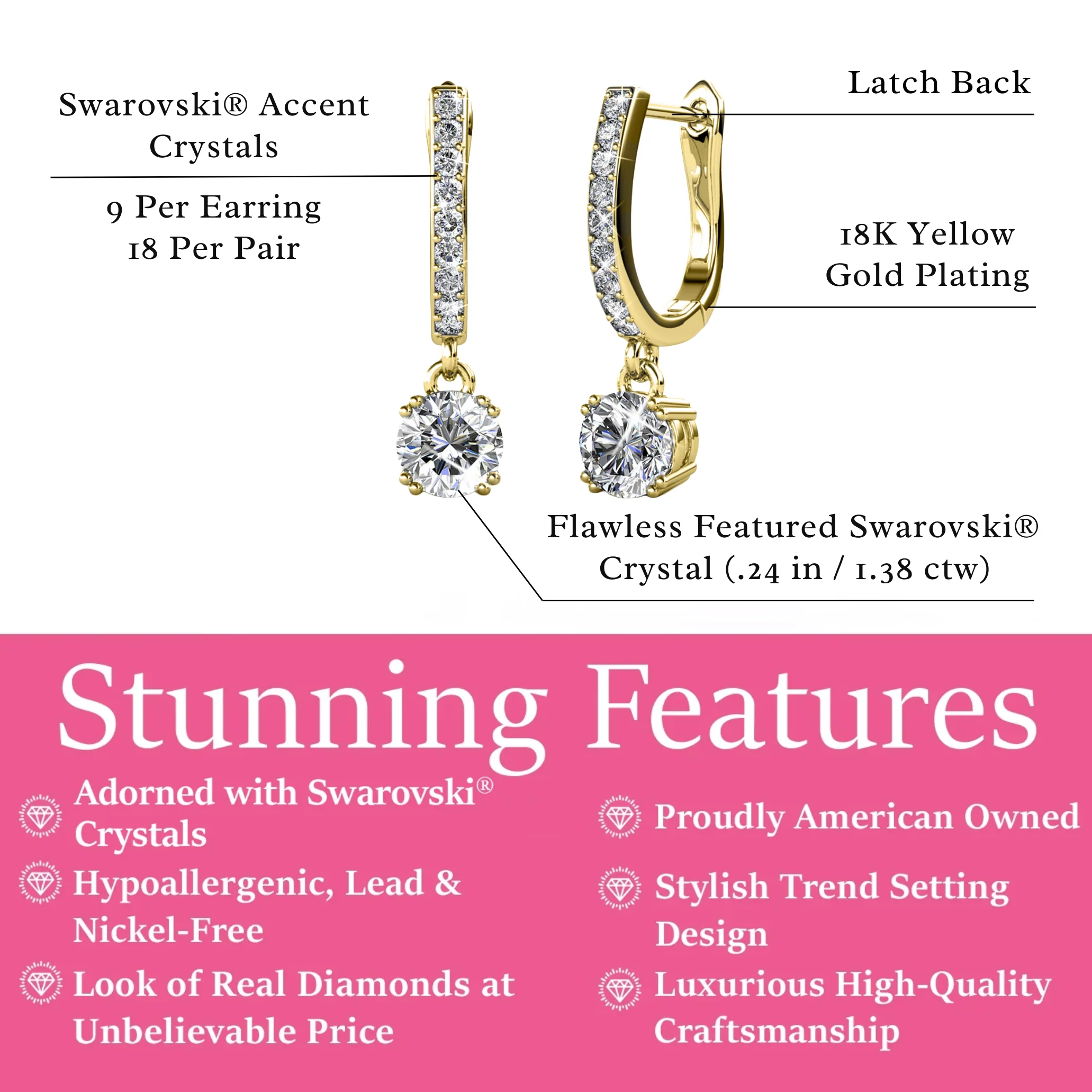 McKenzie 18k Gold Plated Dangle Earrings with Swarovski Crystals (3 Pair Set) - Image 10