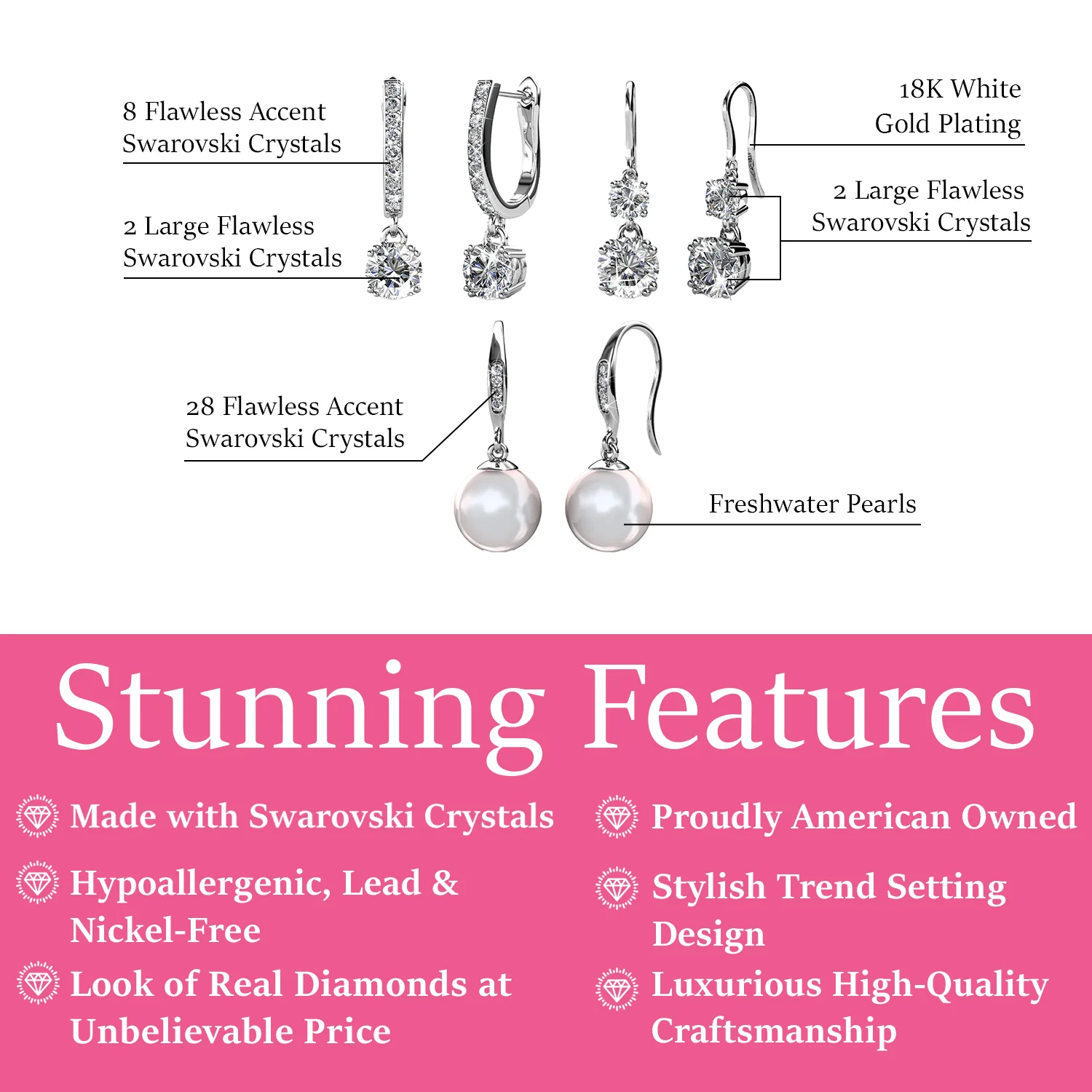 McKenzie, Kadence, Betty 18k White Gold Plated Drop Earrings for Women (3 Pair Set) - Image 3