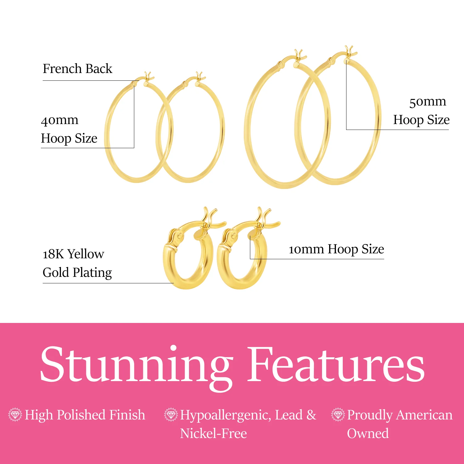 Monica 18k White Gold Plated 10/40/50mm Hoop Earrings (3 Pair Set) - Image 10