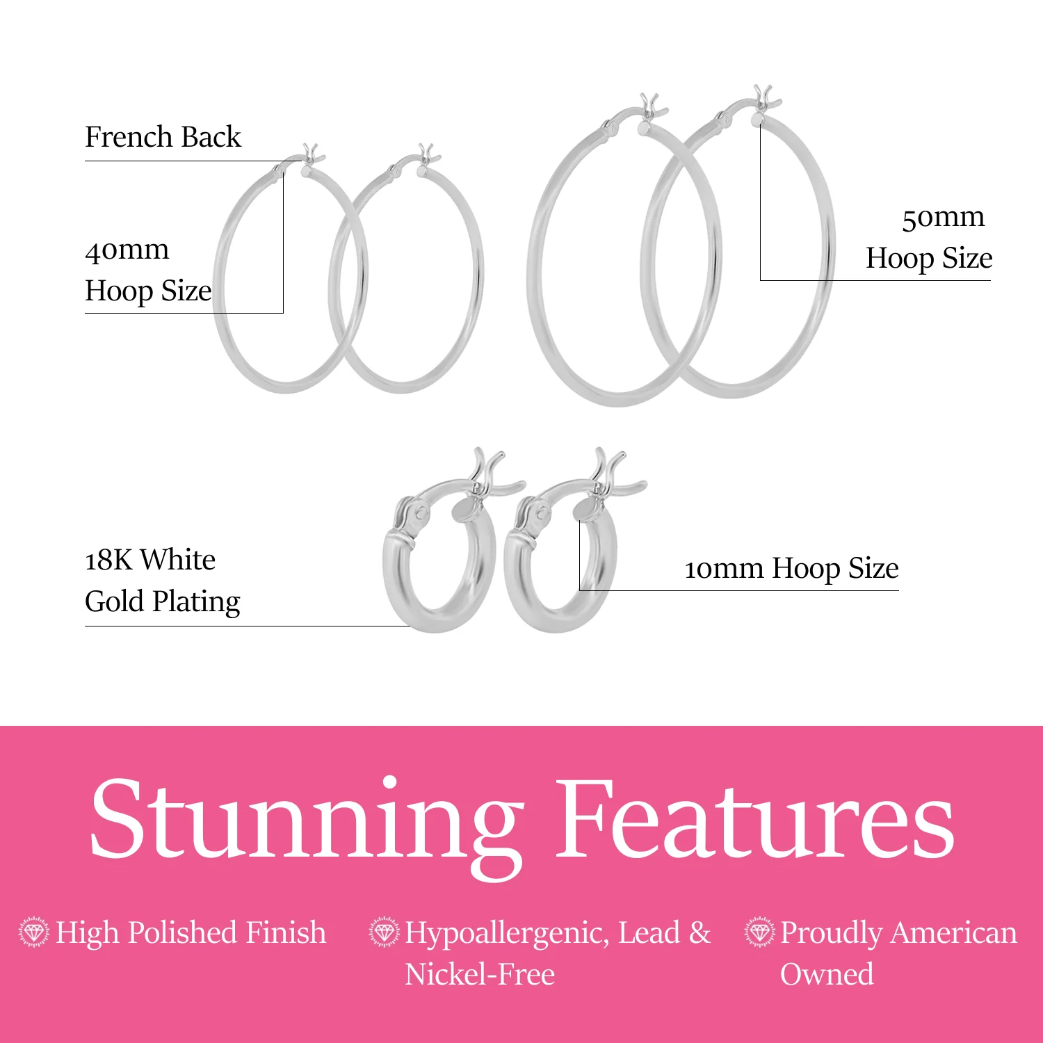 Monica 18k White Gold Plated 10/40/50mm Hoop Earrings (3 Pair Set) - Image 3