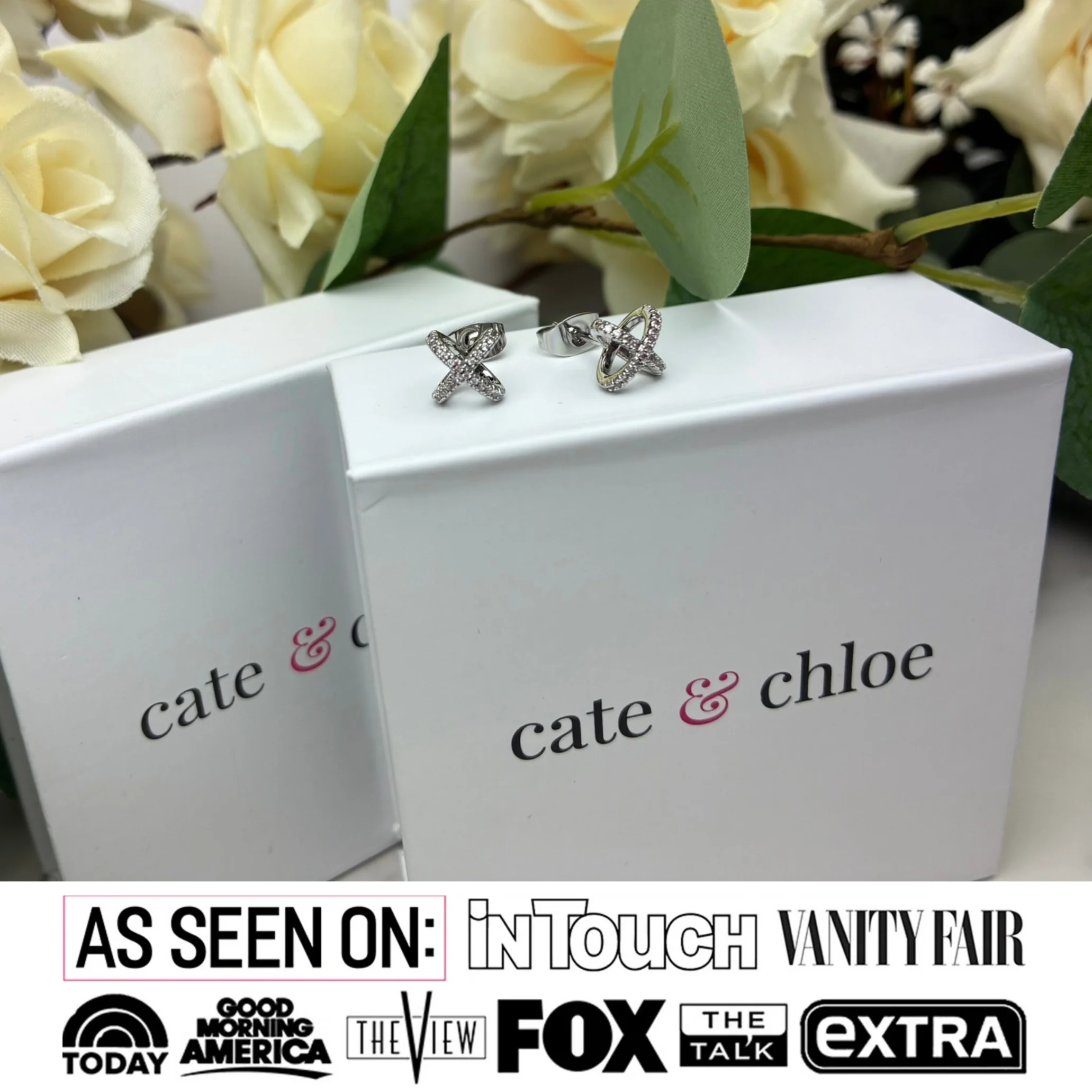 Paige 18k White Gold Plated X-Design Stud Earrings with Simulated Diamond Crystals - Image 2
