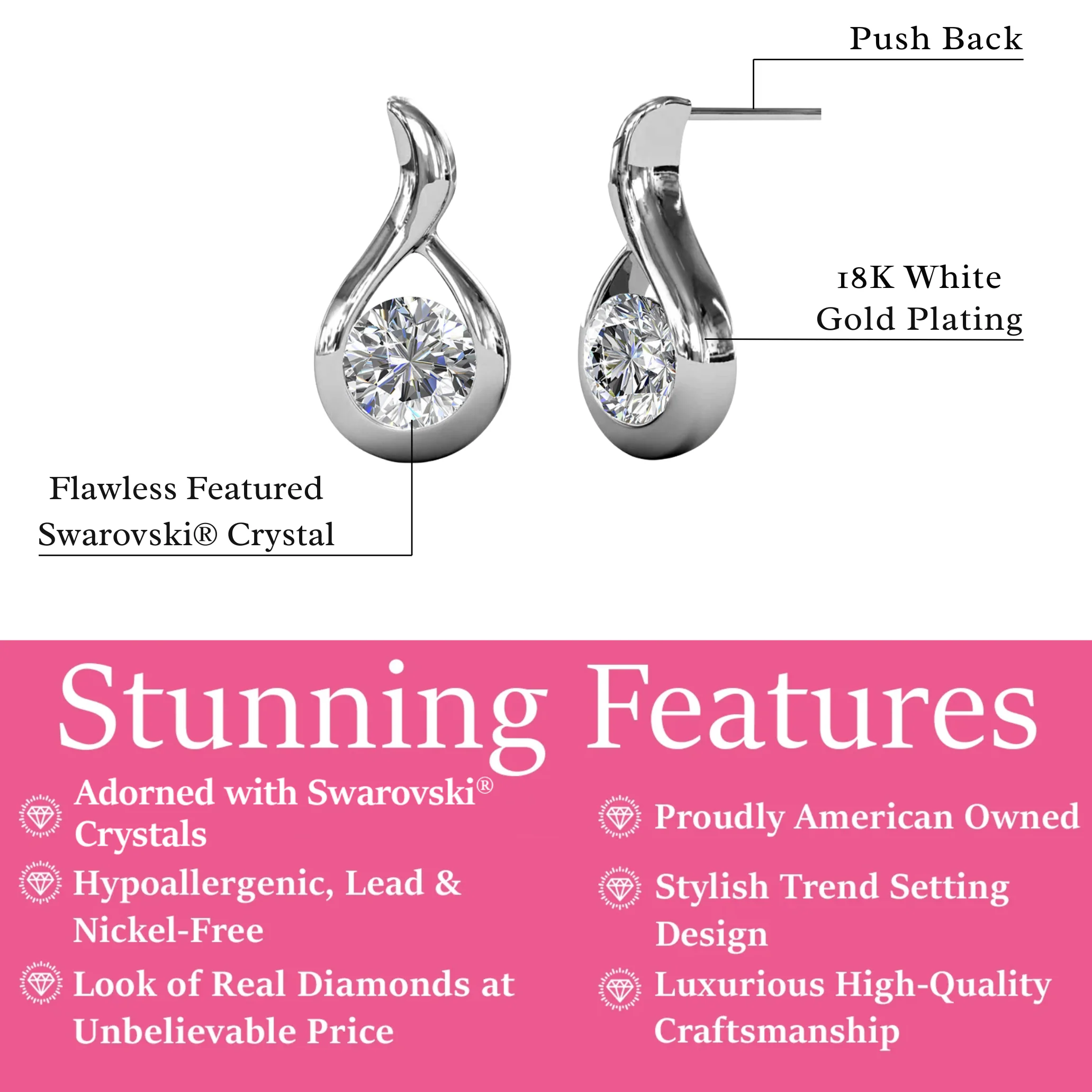 Parker 18k White Gold Plated Teardrop Stud Earrings with Swarovski Crystal - Image 3