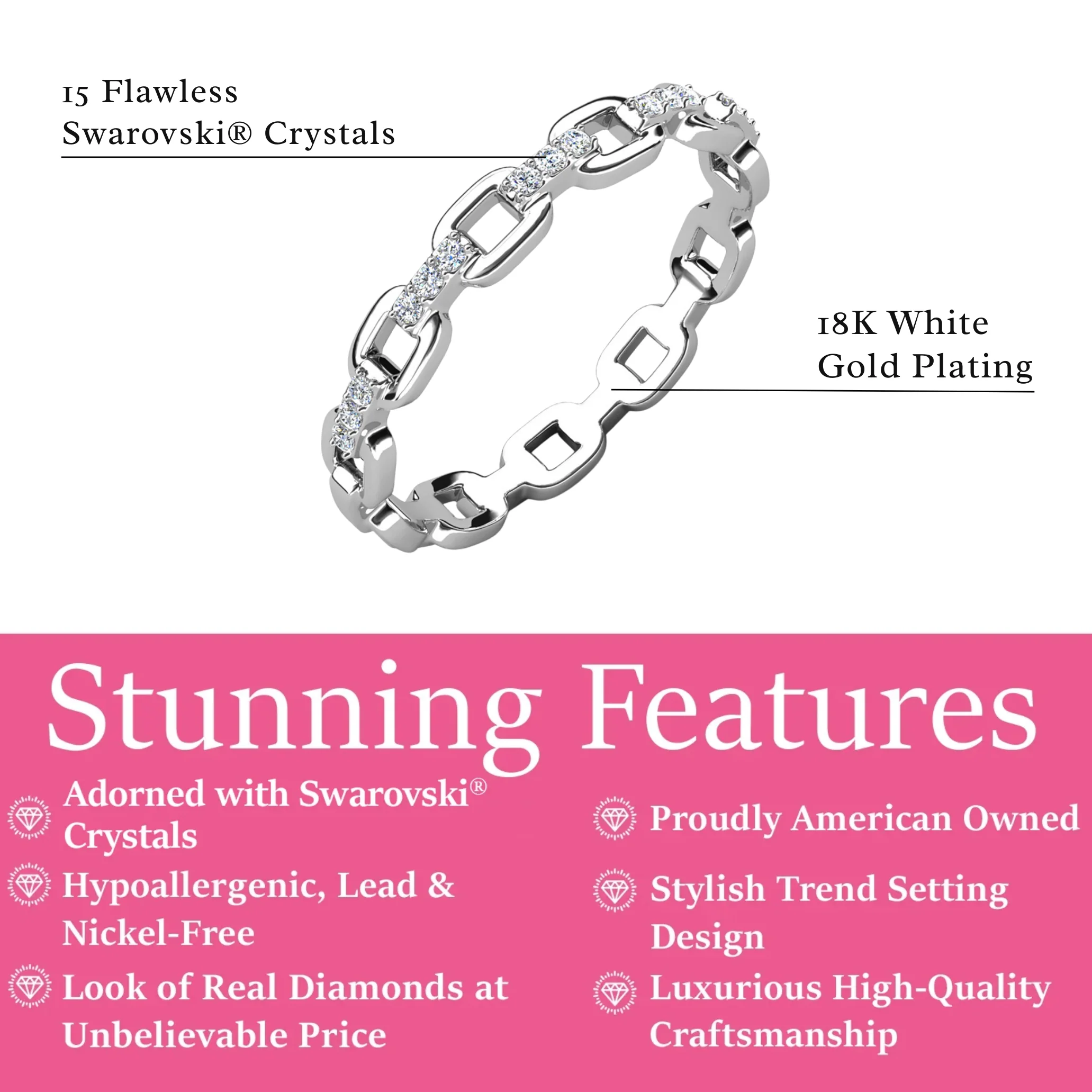 Paula 18k White Gold Plated Chain Link Ring with Swarovski Crystals - Image 3