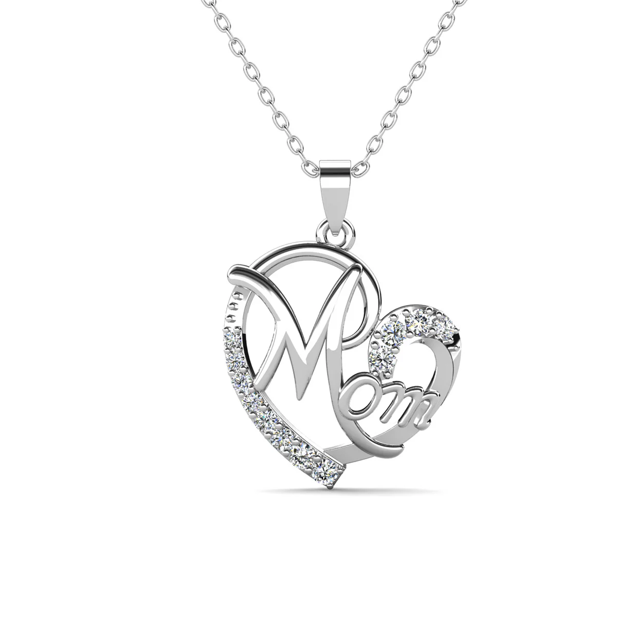 Persephone 18k White Gold Plated Mom Heart Pendant Necklace with Simulated Diamond Crystals