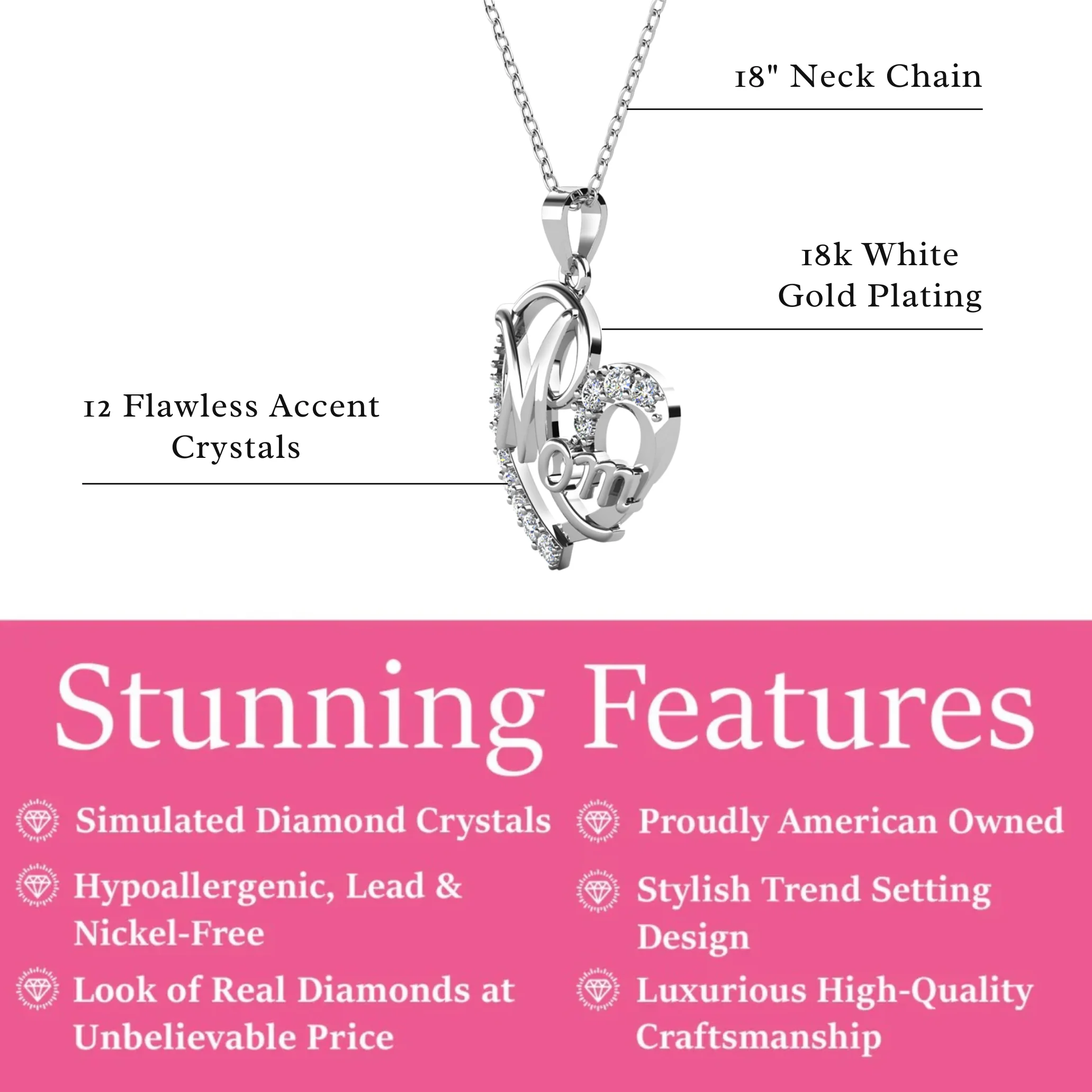 Persephone 18k White Gold Plated Mom Heart Pendant Necklace with Simulated Diamond Crystals - Image 3