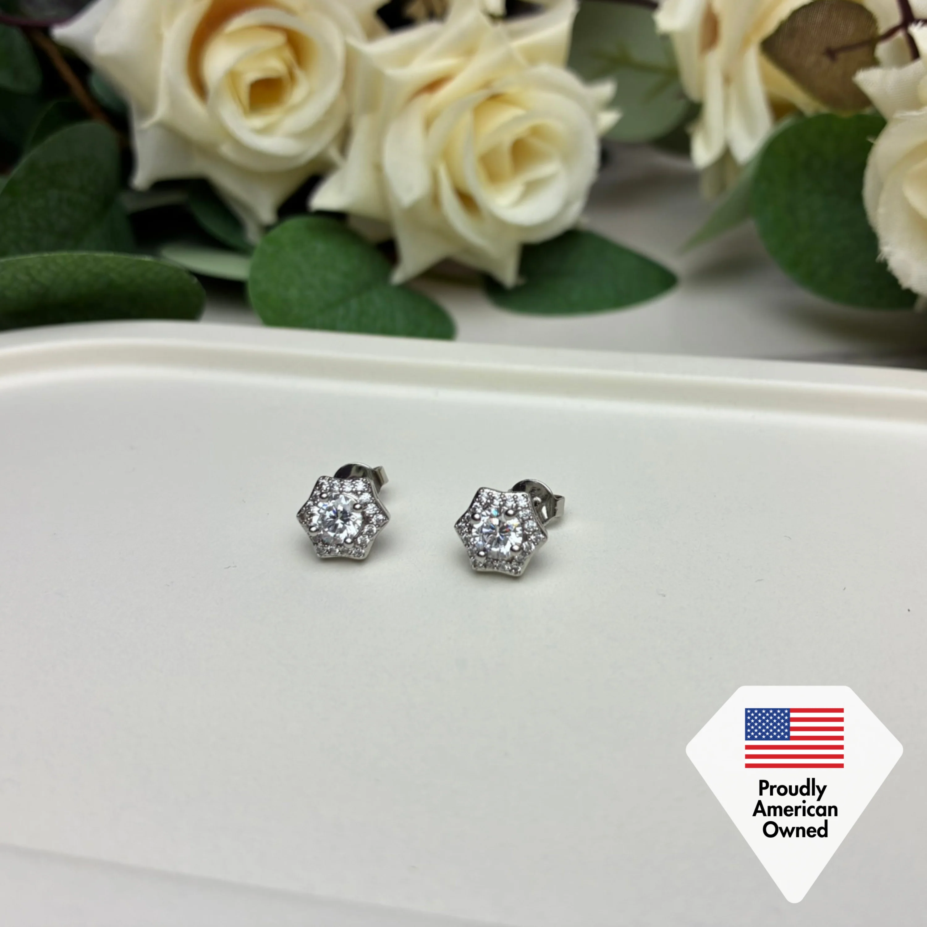 Poppy 18k White Gold Plated Stud Earrings with Simulated Diamond Crystals - Image 6