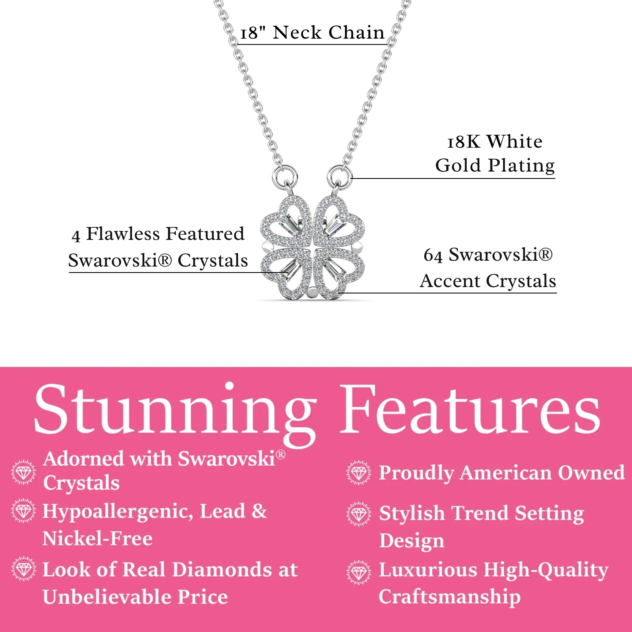 Posie 18k White Gold Plated 2-in-1 Heart/Clover Pendant Necklace with Swarovski Crystals - Image 3