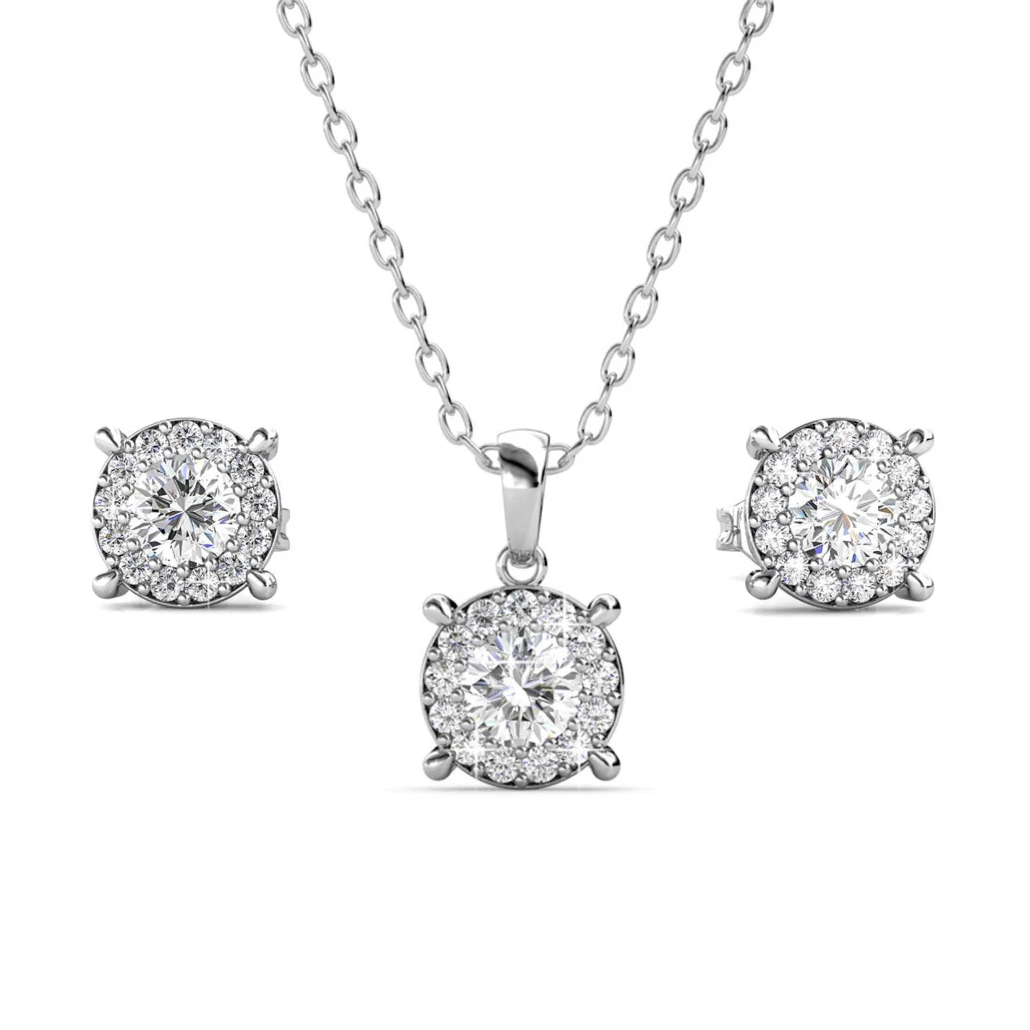 Raylee 18k White Gold Plated Halo Necklace and Stud Earrings Jewelry Set with Swarovski Crystals