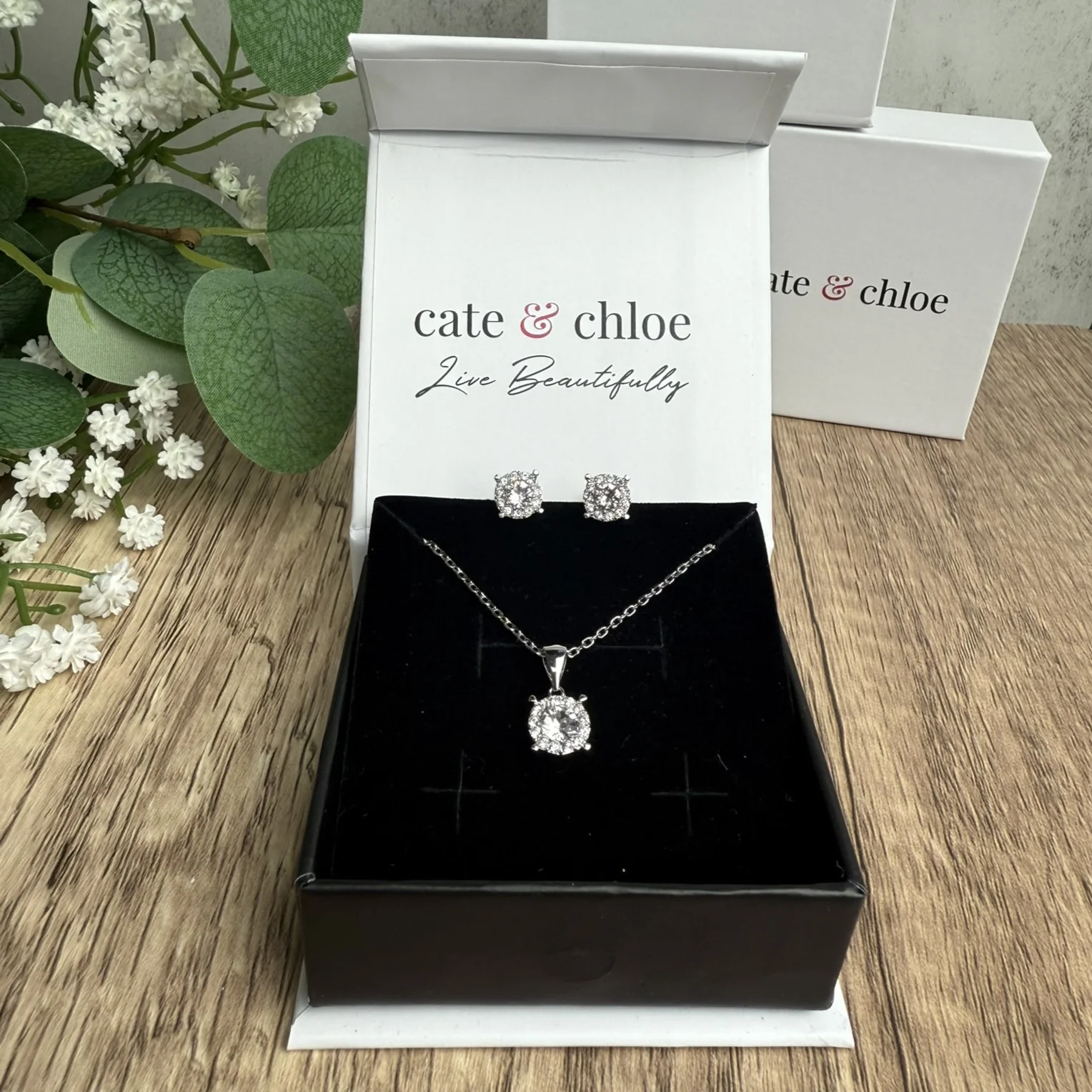 Raylee 18k White Gold Plated Halo Necklace and Stud Earrings Jewelry Set with Swarovski Crystals - Image 6
