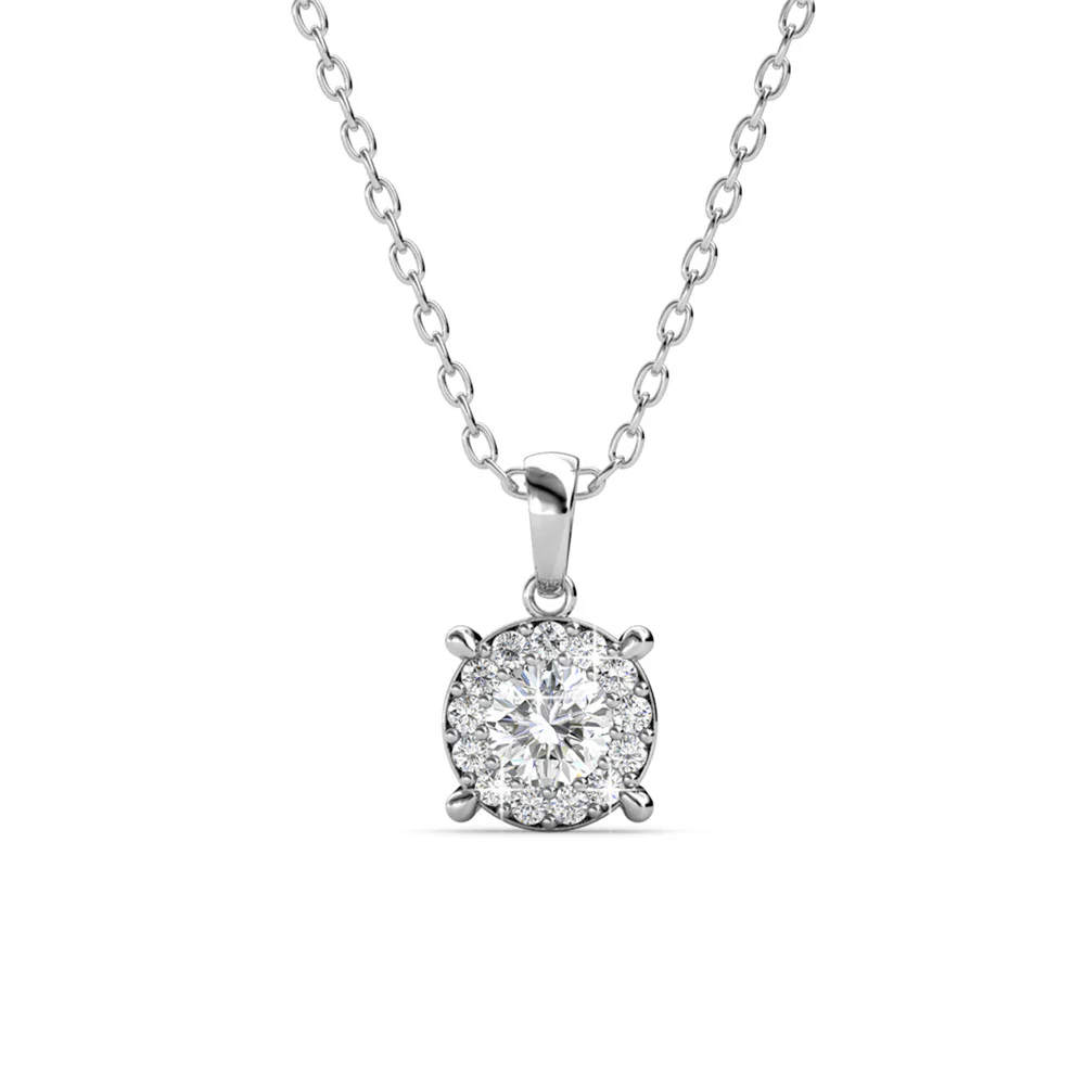 Raylee 18k White Gold Plated Halo Pendant Necklace with Swarovski Crystals