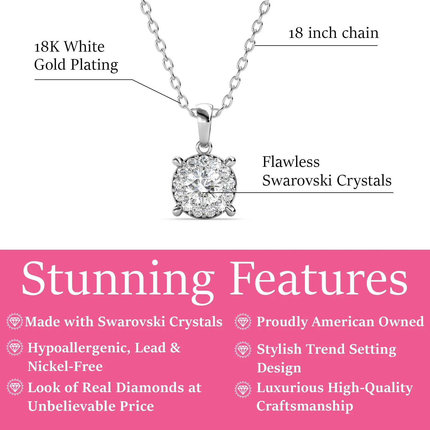 Raylee 18k White Gold Plated Halo Pendant Necklace with Swarovski Crystals - Image 3