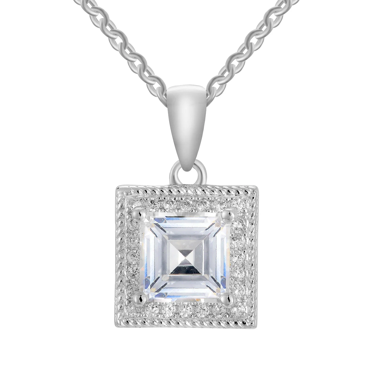 Rebecca 18k White Gold Plated Silver Necklace with Princess Cut Simulated Diamond Crystals  — Final Sale
