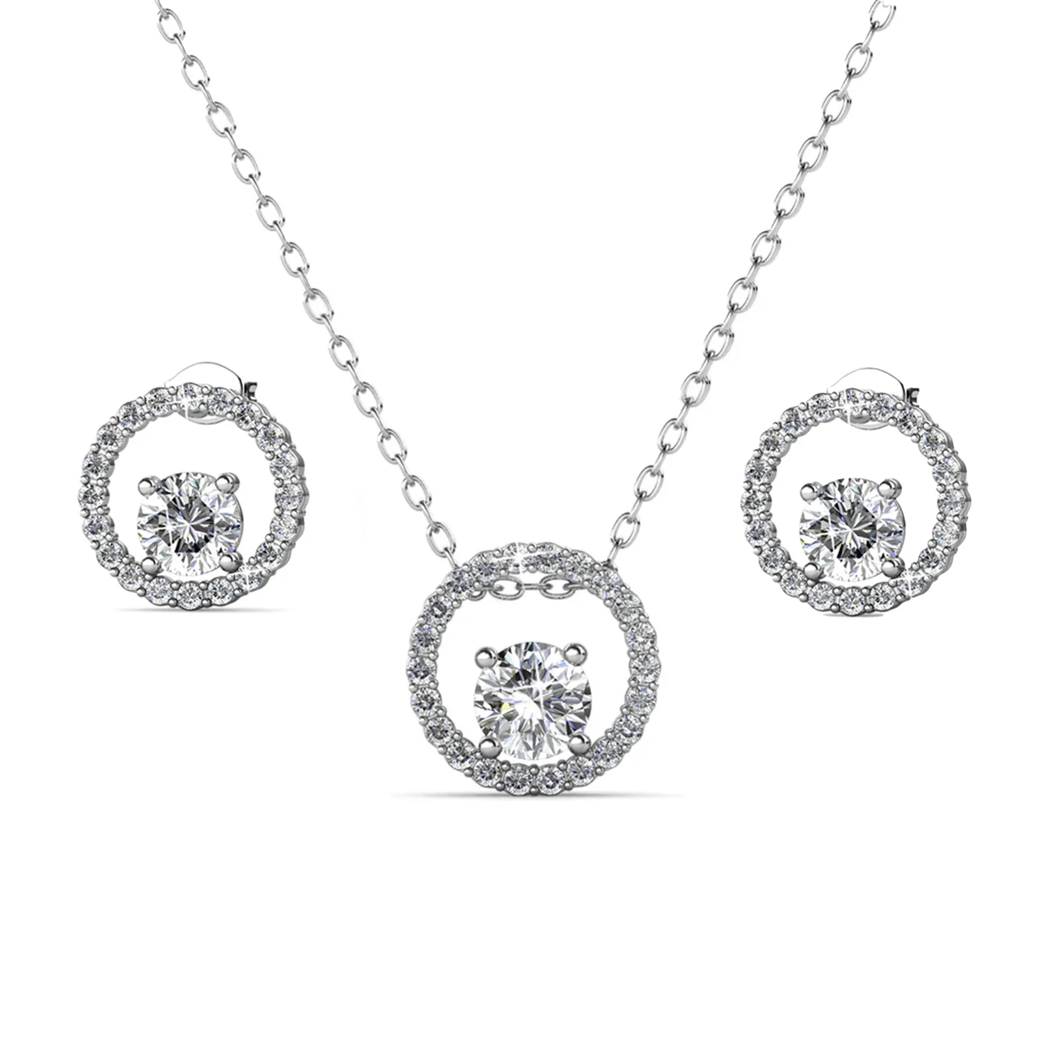 Reign 18k White Gold Plated Halo Necklace and Earrings Jewelry Set with Swarovski Crystals