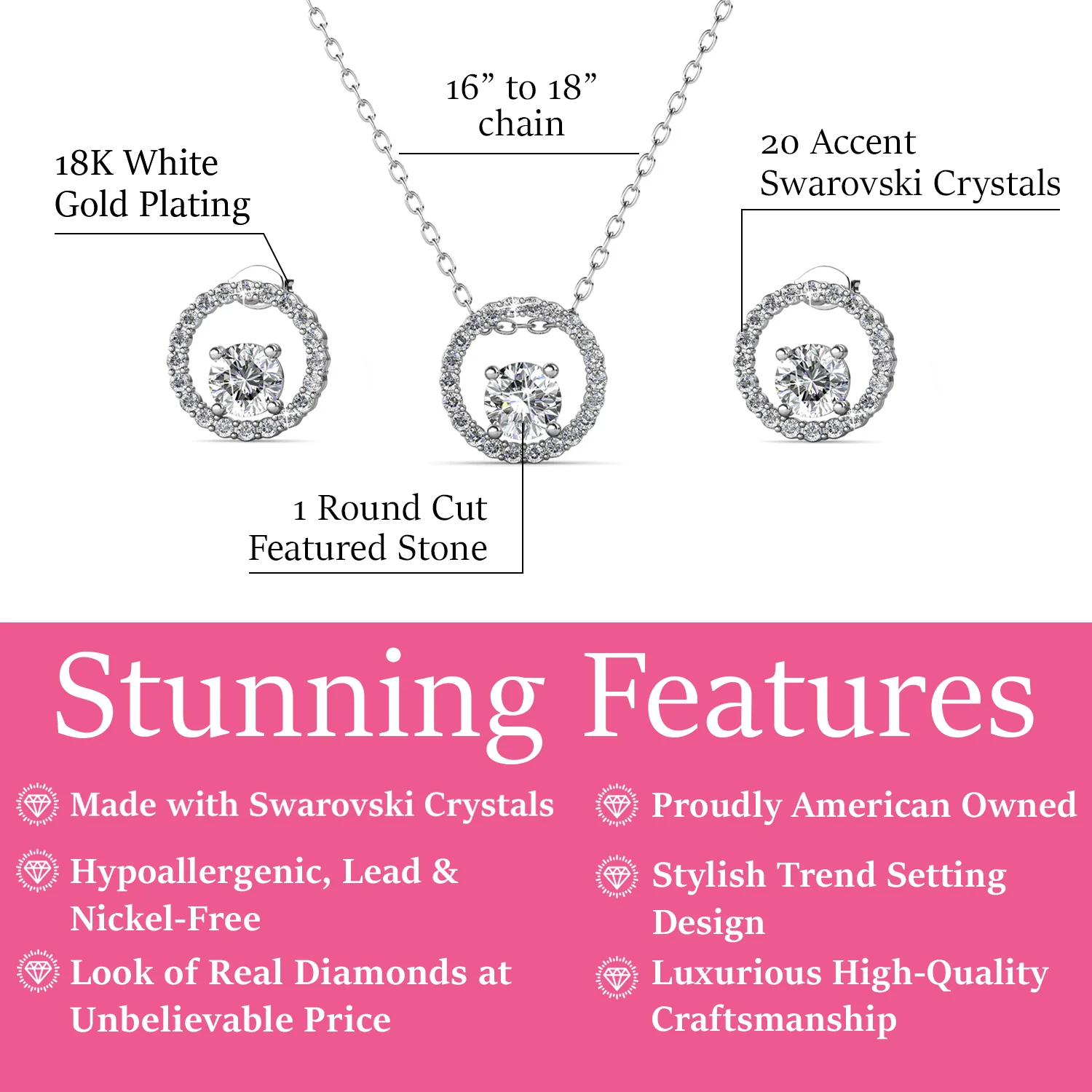 Reign 18k White Gold Plated Halo Necklace and Earrings Jewelry Set with Swarovski Crystals - Image 3