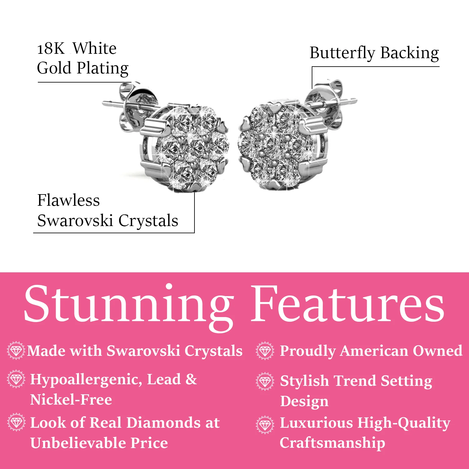 Remy 18k White Gold Plated Stud Earrings with Heart Accents and Swarovski Crystals - Image 3
