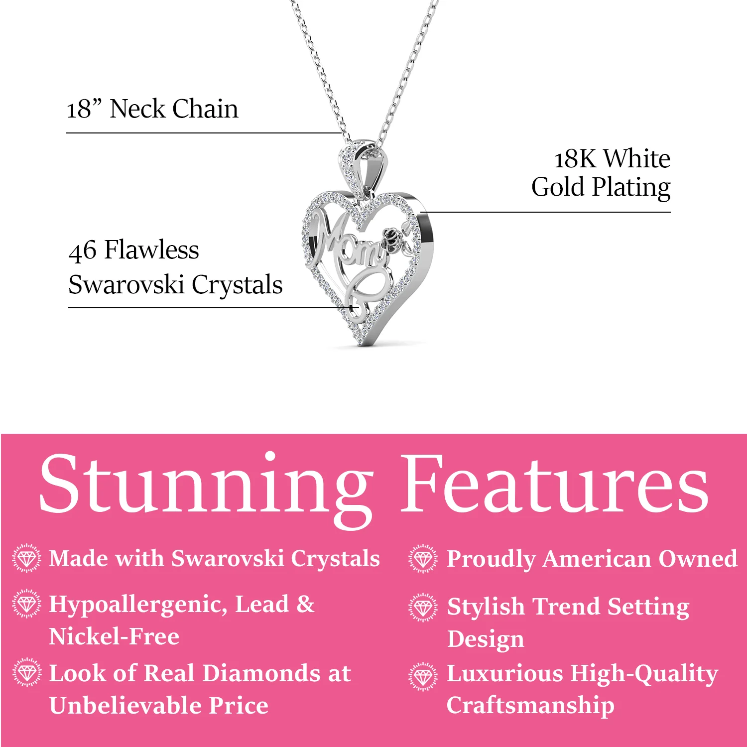 Rhonda 18k White Gold Plated Mom Heart Necklace with Swarovski Crystals - Image 3