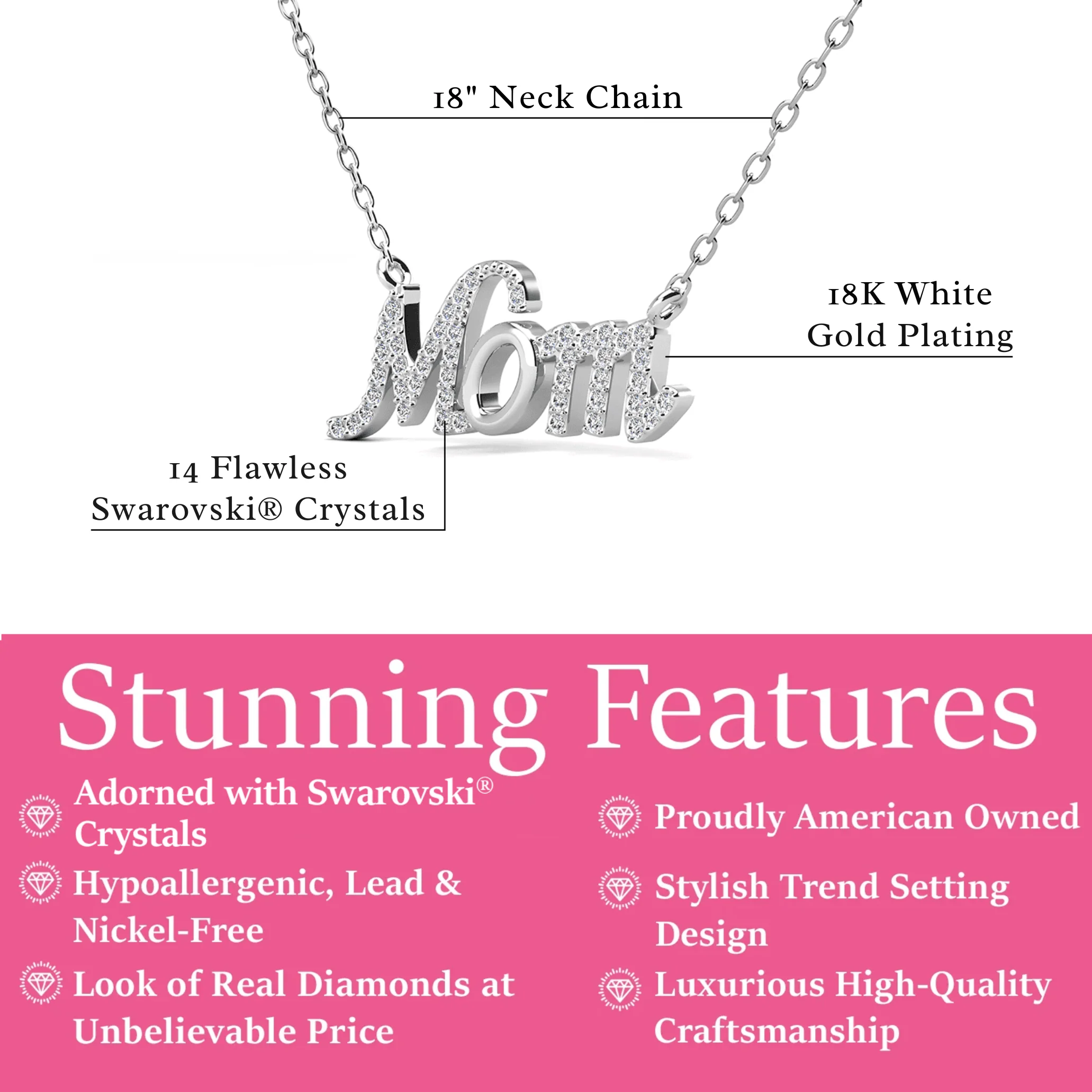 Riley 18k White Gold Plated Mom Necklace with Swarovski Crystals - Image 3