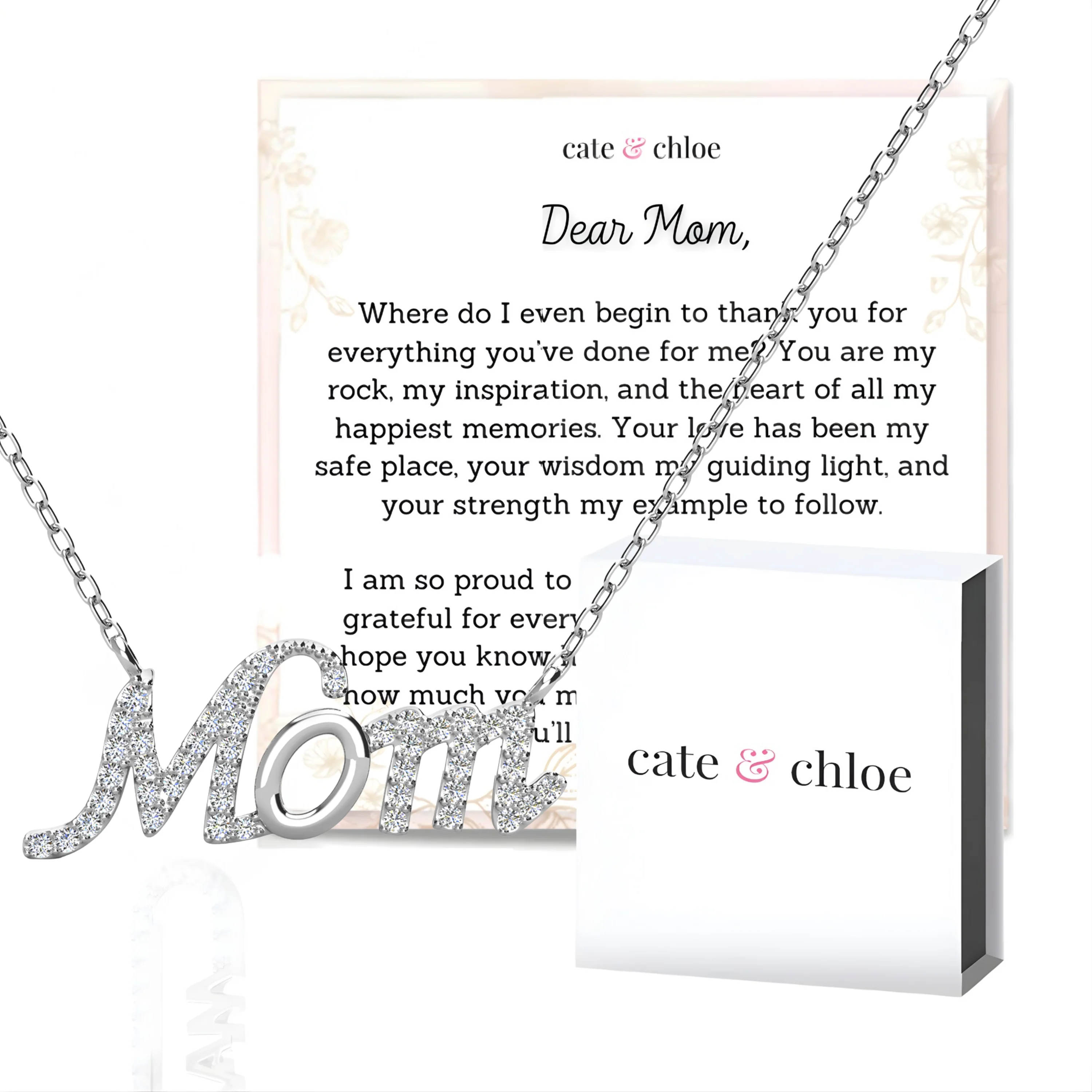 Riley 18k White Gold Plated Mom Necklace with Swarovski Crystals & Heartfelt Message for Mom