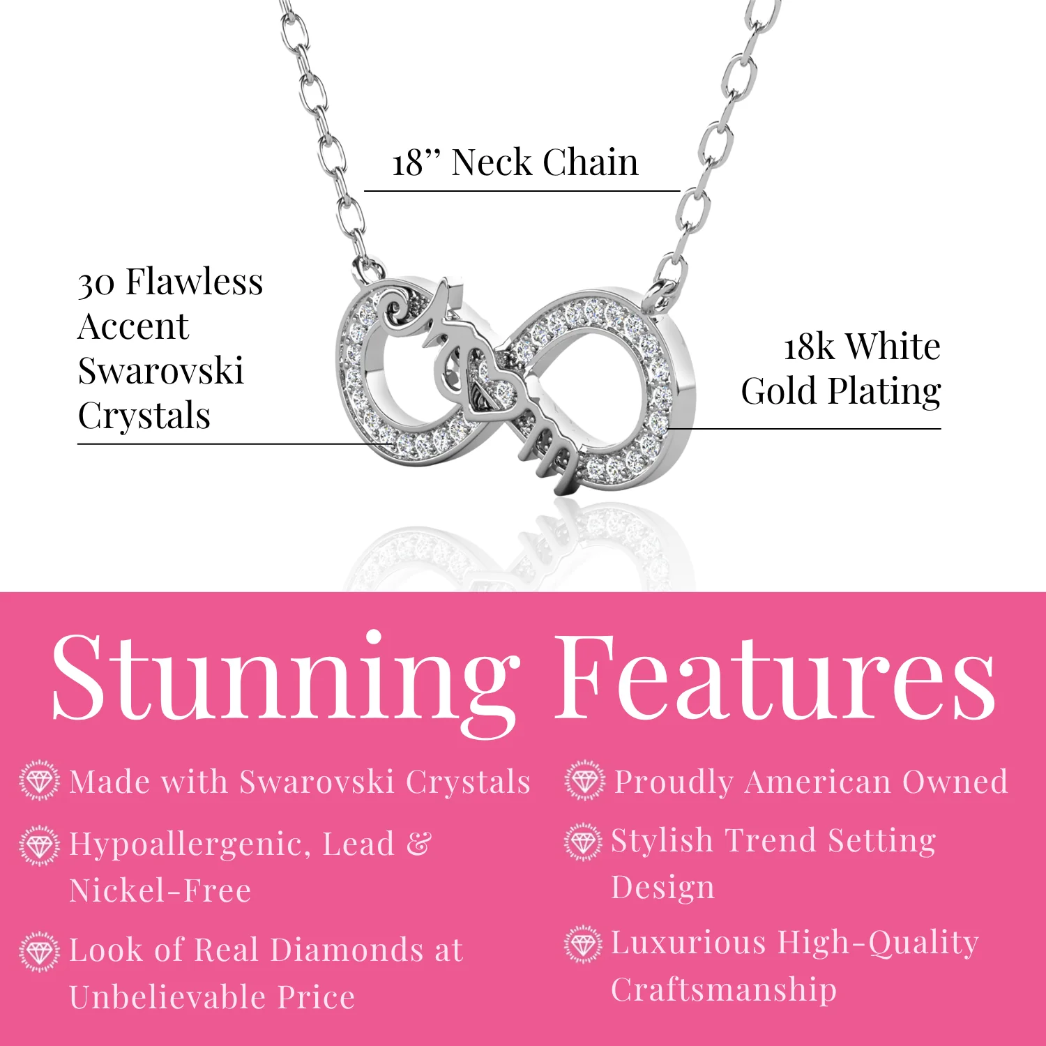 Robin 18k White Gold Plated Mom Infinity Necklace with Swarovski Crystals - Image 3