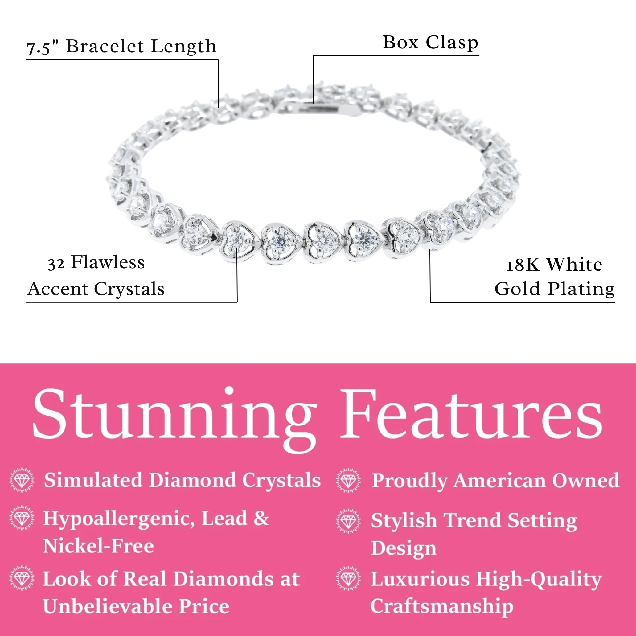Rosalie 18k White Gold Plated Heart Tennis Bracelet with Simulated Diamond Crystals - Image 3