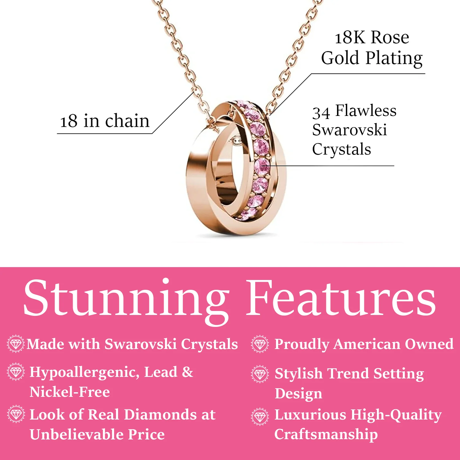 Rosie 18k Rose Gold Plated Pendant Necklace with Pink Swarovski Crystals - Image 4