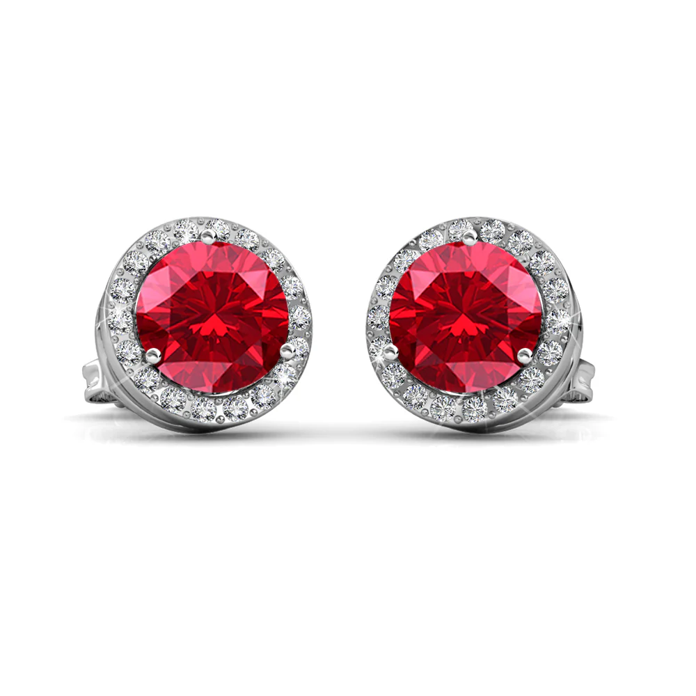 Royal 18k White Gold Plated July Birthstone Halo Earrings with Round Cut Ruby Red Swarovski Crystals - Image 5