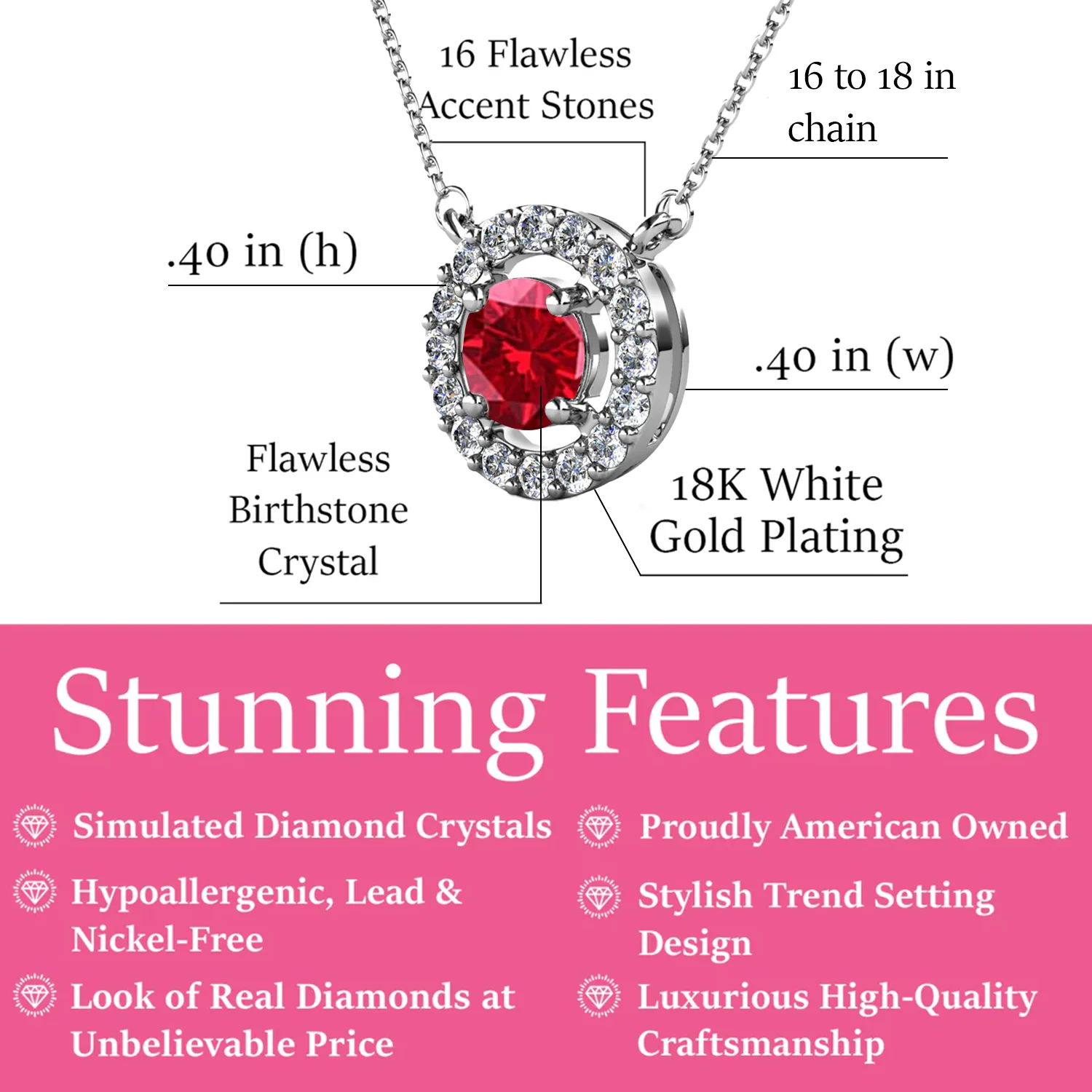 Royal 18k White Gold Plated July Birthstone Halo Necklace with Round Cut Ruby Red Swarovski Crystals - Image 2