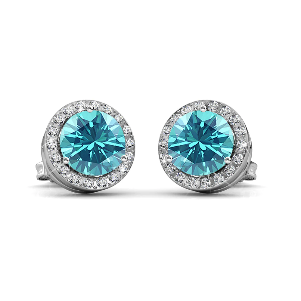 Royal 18k White Gold Plated March Birthstone Halo Earrings with Round Cut Aquamarine Swarovski Crystals - Image 5