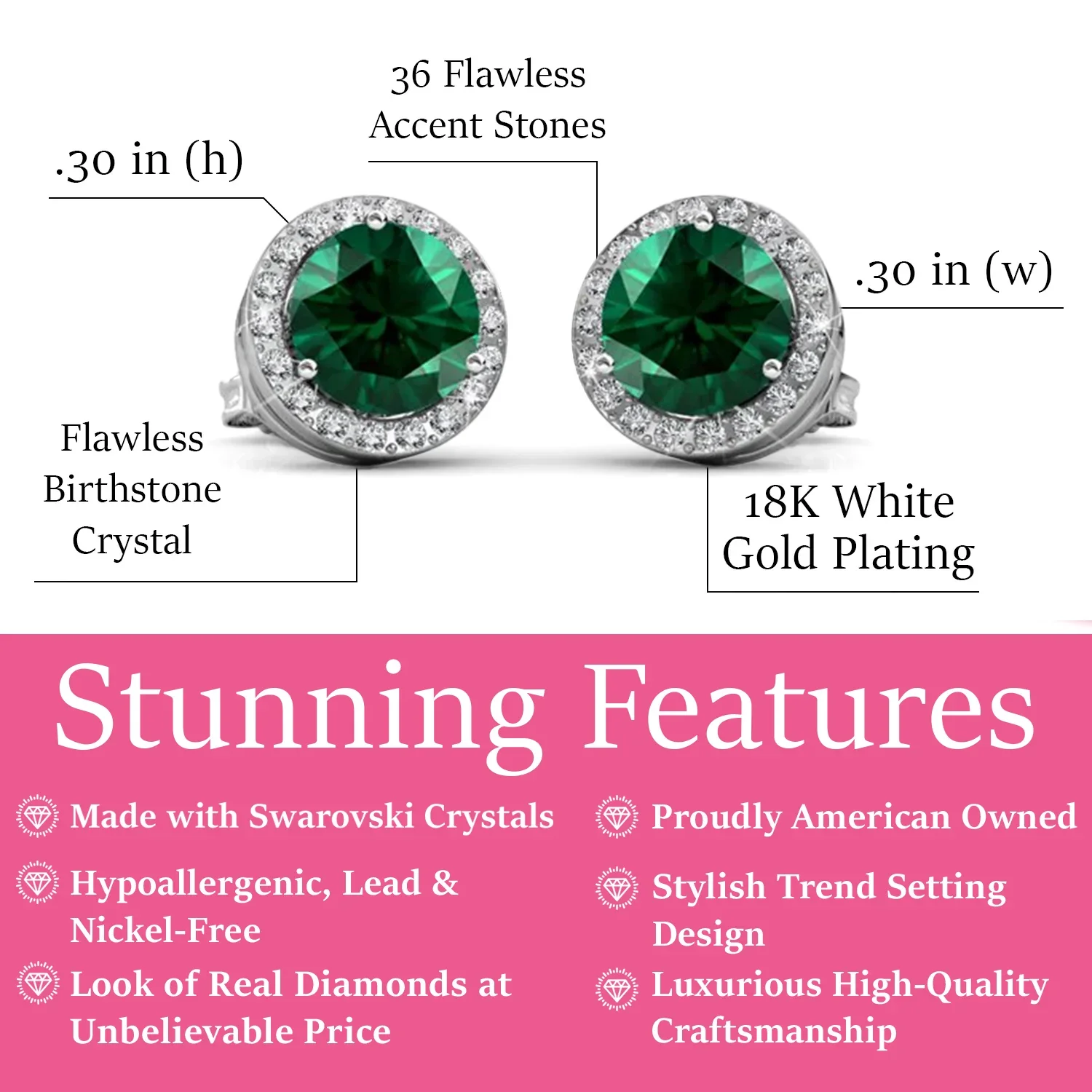 Royal 18k White Gold Plated May Birthstone Halo Earrings with Round Cut Emerald Swarovski Crystals - Image 2