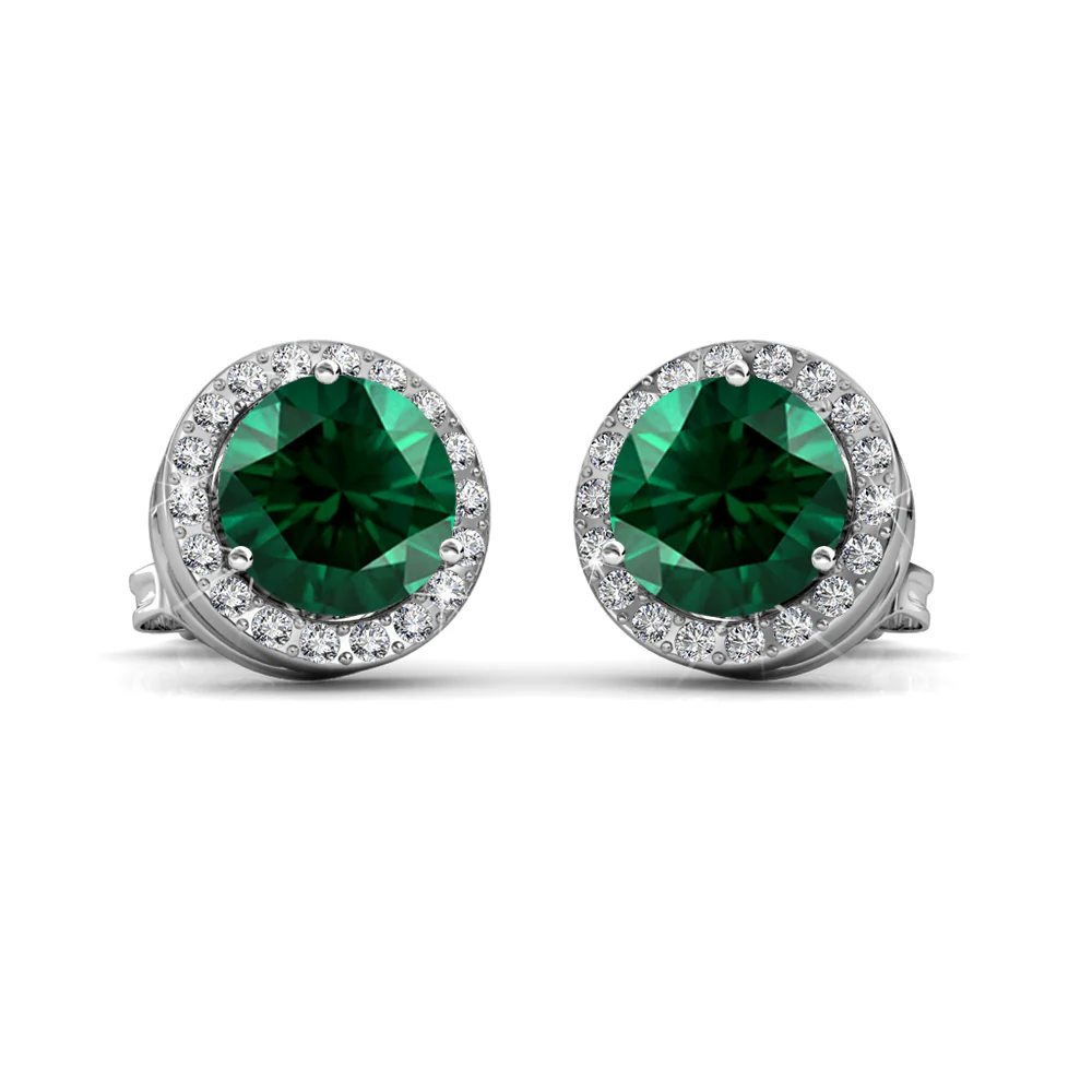 Royal 18k White Gold Plated May Birthstone Halo Earrings with Round Cut Emerald Swarovski Crystals - Image 5