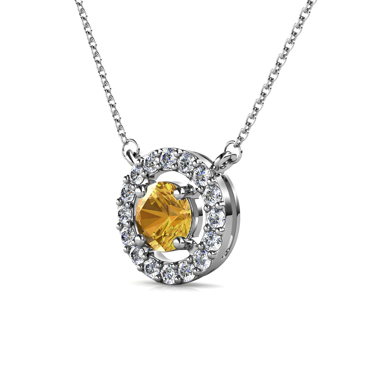 Royal 18k White Gold Plated November Birthstone Halo Necklace with Round Cut Citrine Swarovski Crystals - Image 4