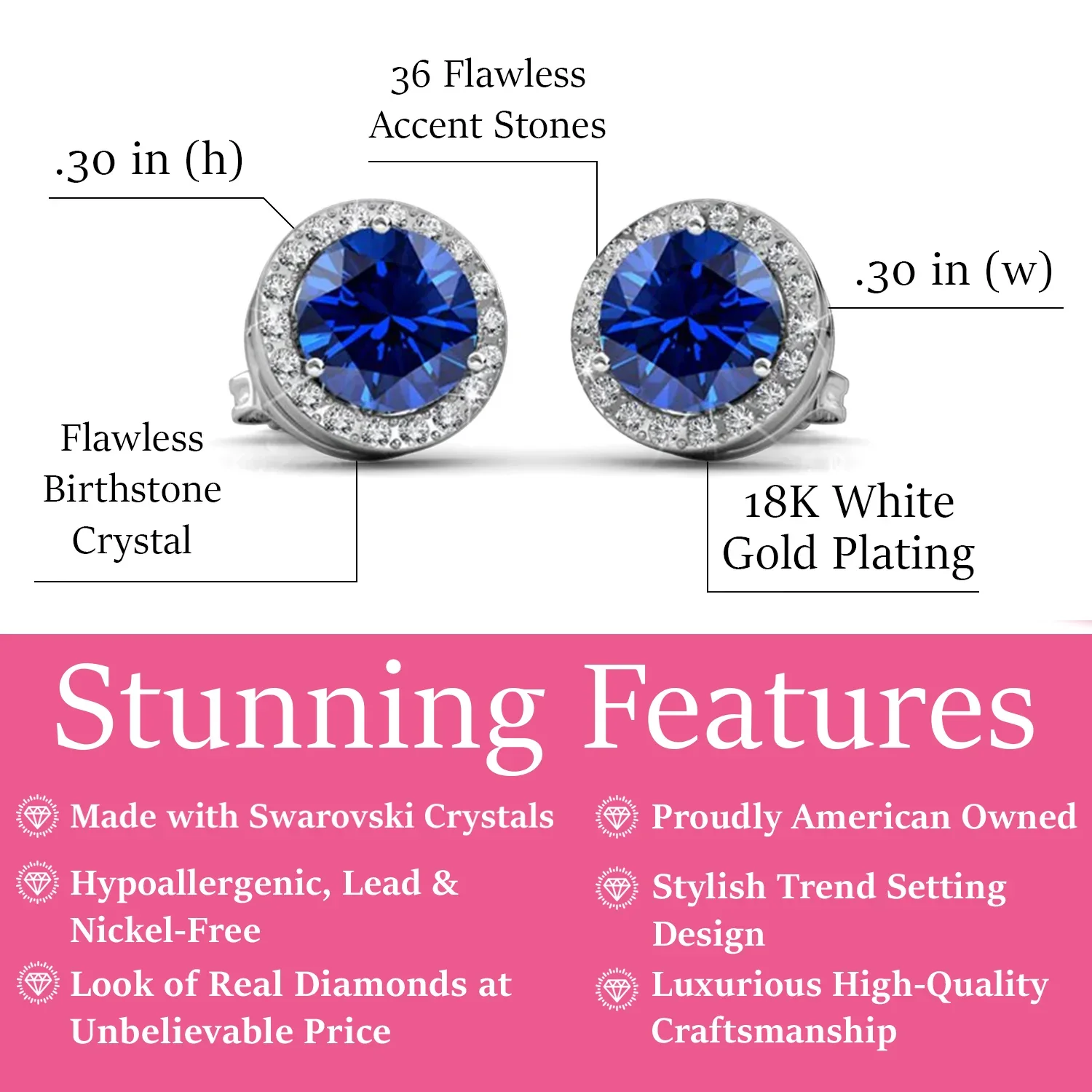 Royal 18k White Gold Plated September Birthstone Halo Earrings with Round Cut Sapphire Swarovski Crystals - Image 2