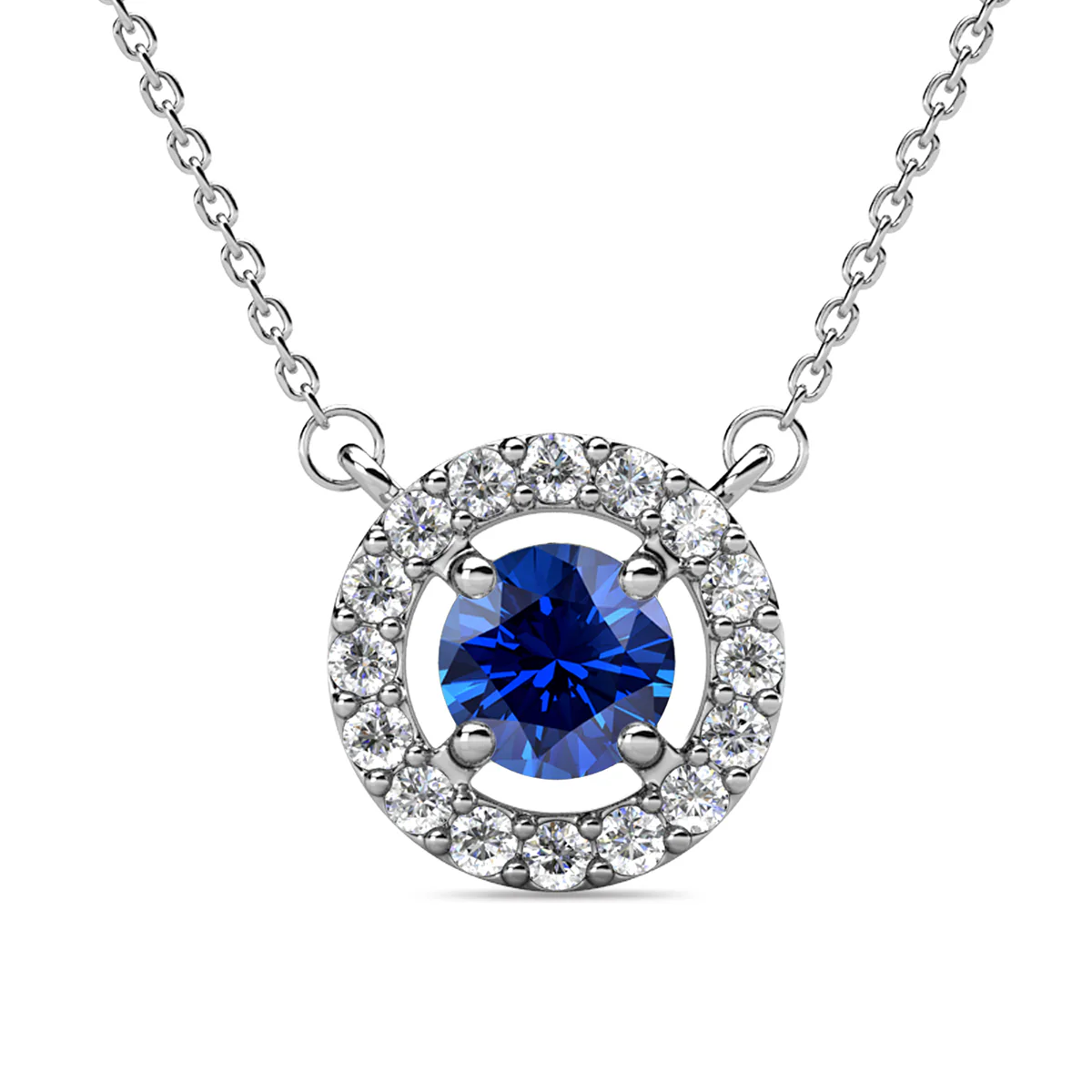 Royal 18k White Gold Plated September Birthstone Halo Necklace with Round Cut Sapphire Swarovski Crystals