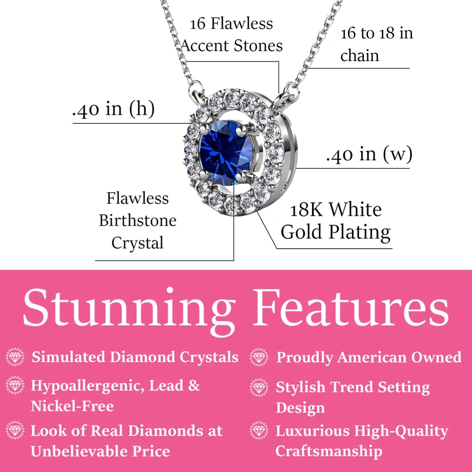 Royal 18k White Gold Plated September Birthstone Halo Necklace with Round Cut Sapphire Swarovski Crystals - Image 2