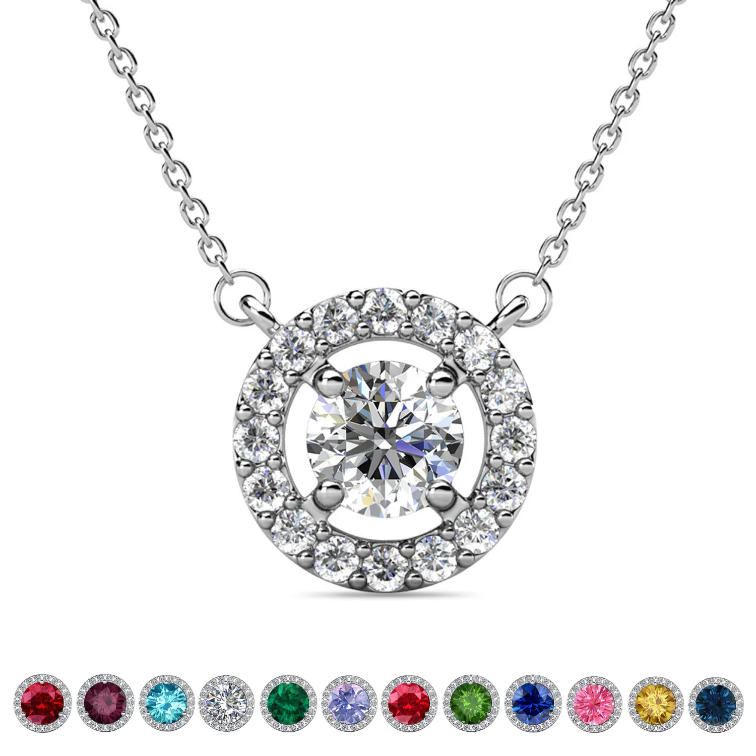 Royal Birthstone 18k White Gold Plated Halo Necklace with Round Cut Swarovski Crystals - Image 14