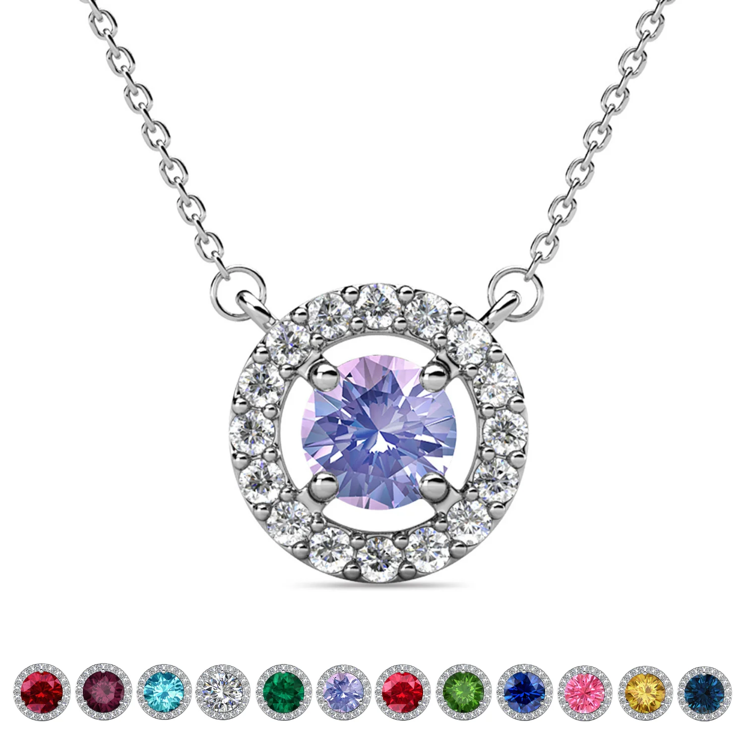 Royal Birthstone 18k White Gold Plated Halo Necklace with Round Cut Swarovski Crystals - Image 20