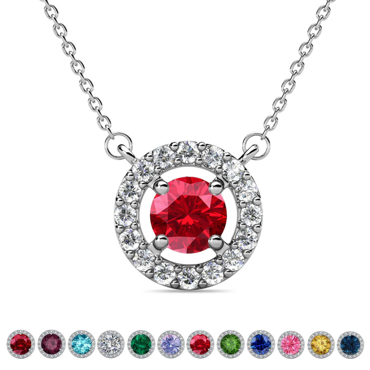Royal Birthstone 18k White Gold Plated Halo Necklace with Round Cut Swarovski Crystals - Image 23