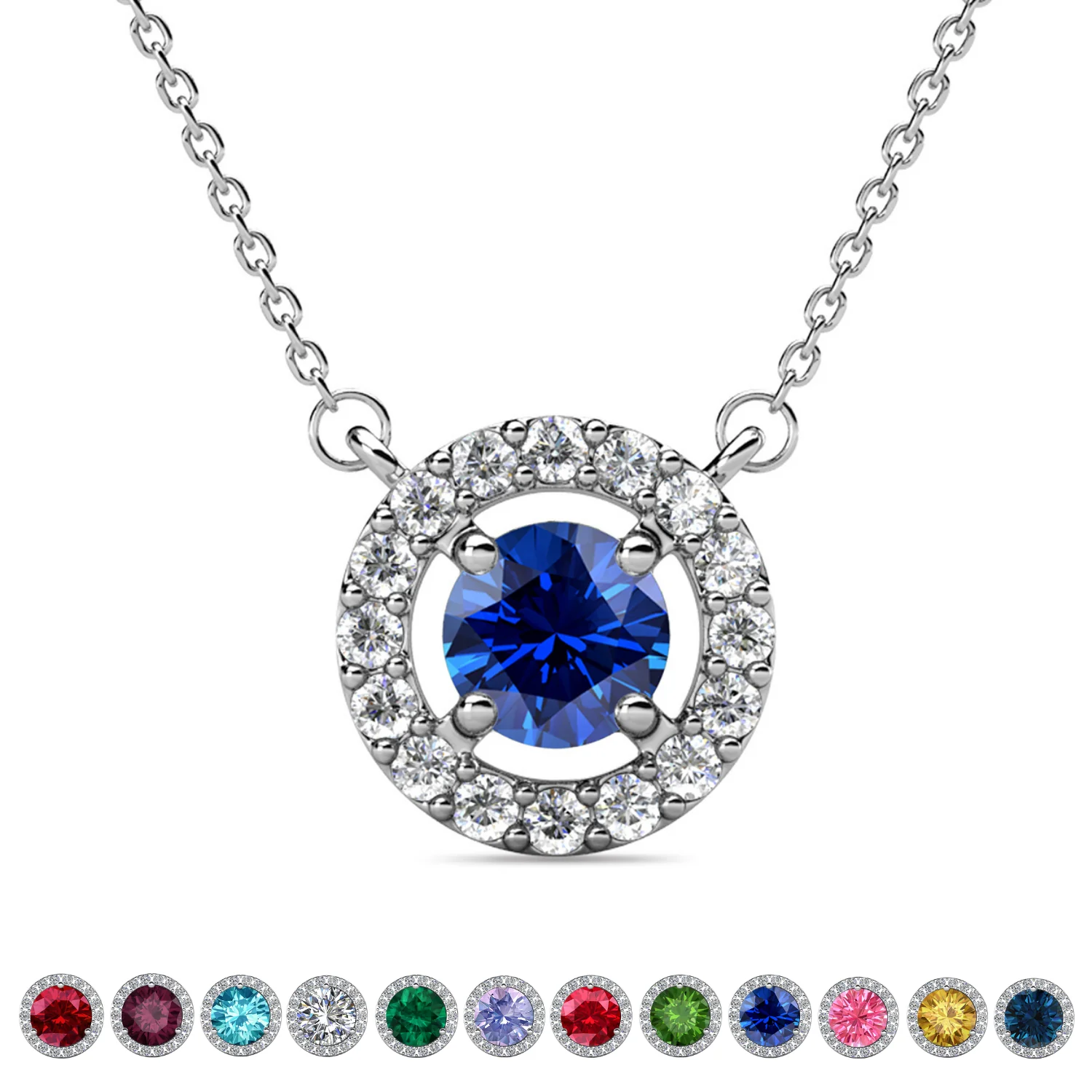 Royal Birthstone 18k White Gold Plated Halo Necklace with Round Cut Swarovski Crystals - Image 29