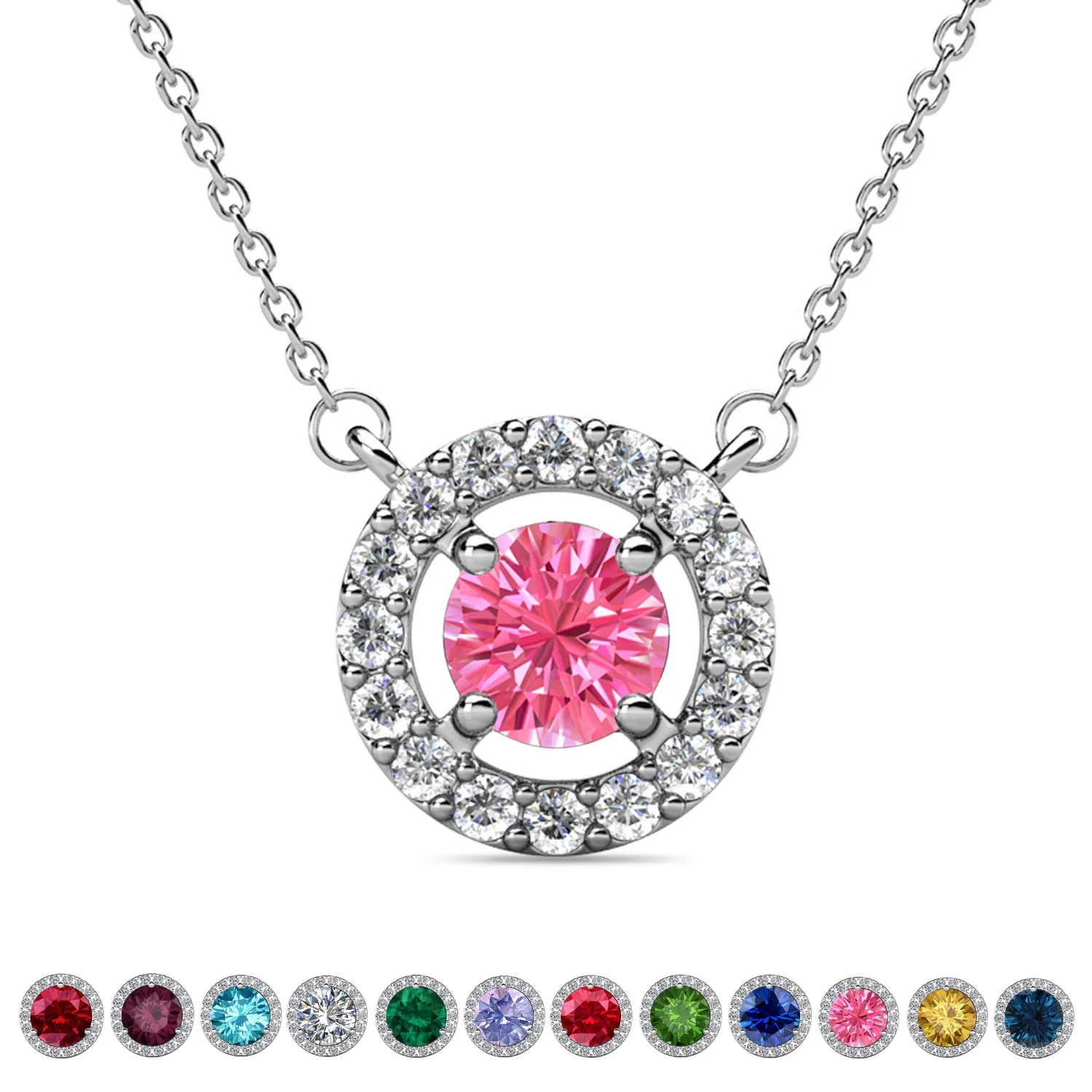 Royal Birthstone 18k White Gold Plated Halo Necklace with Round Cut Swarovski Crystals - Image 32
