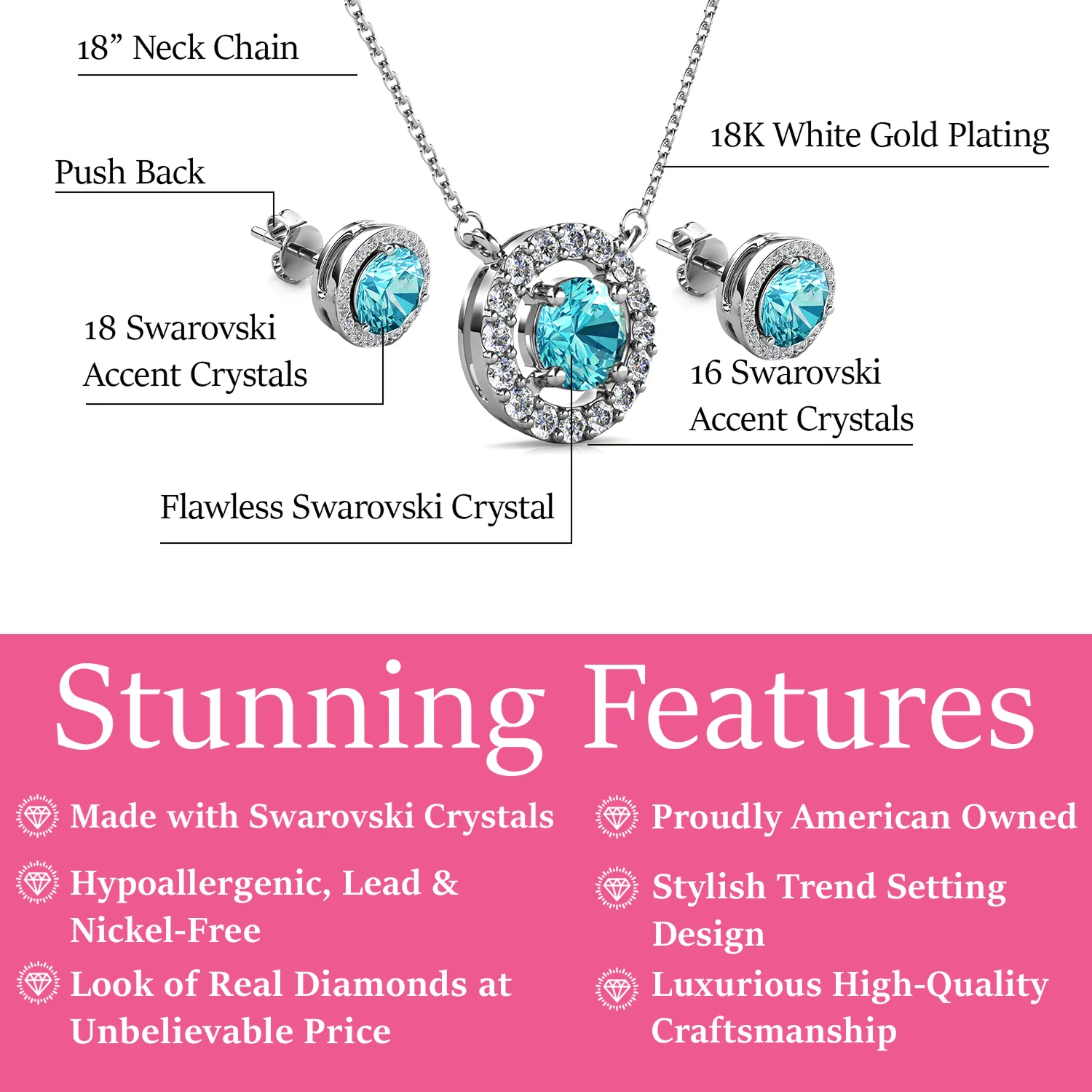 Royal Birthstone 18k White Gold Plated Halo Stud Earrings and Necklace Set with Swarovski Crystals - Image 11
