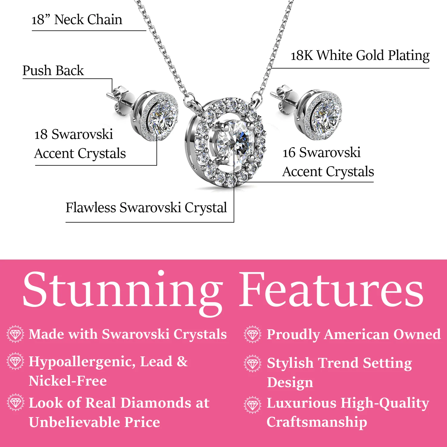 Royal Birthstone 18k White Gold Plated Halo Stud Earrings and Necklace Set with Swarovski Crystals - Image 13