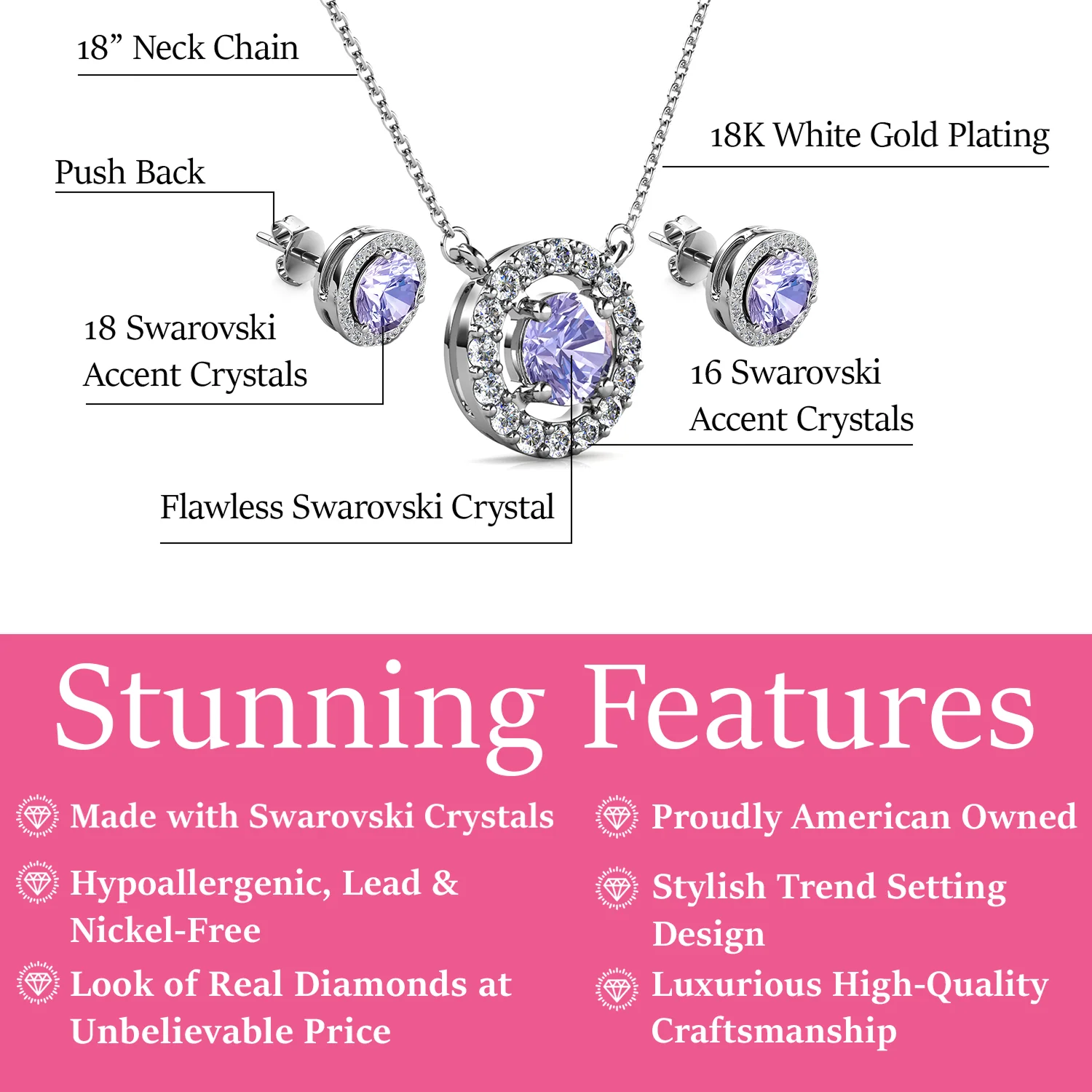 Royal Birthstone 18k White Gold Plated Halo Stud Earrings and Necklace Set with Swarovski Crystals - Image 17