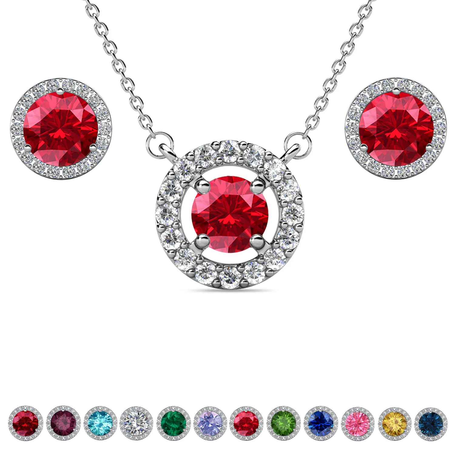 Royal Birthstone 18k White Gold Plated Halo Stud Earrings and Necklace Set with Swarovski Crystals - Image 18